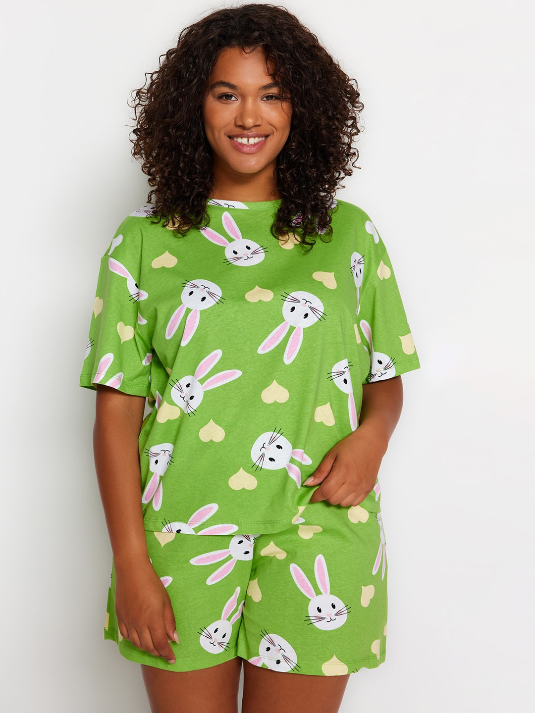 

Trendyol Plus Size Conversational Printed Pure Cotton Night Suit, Green