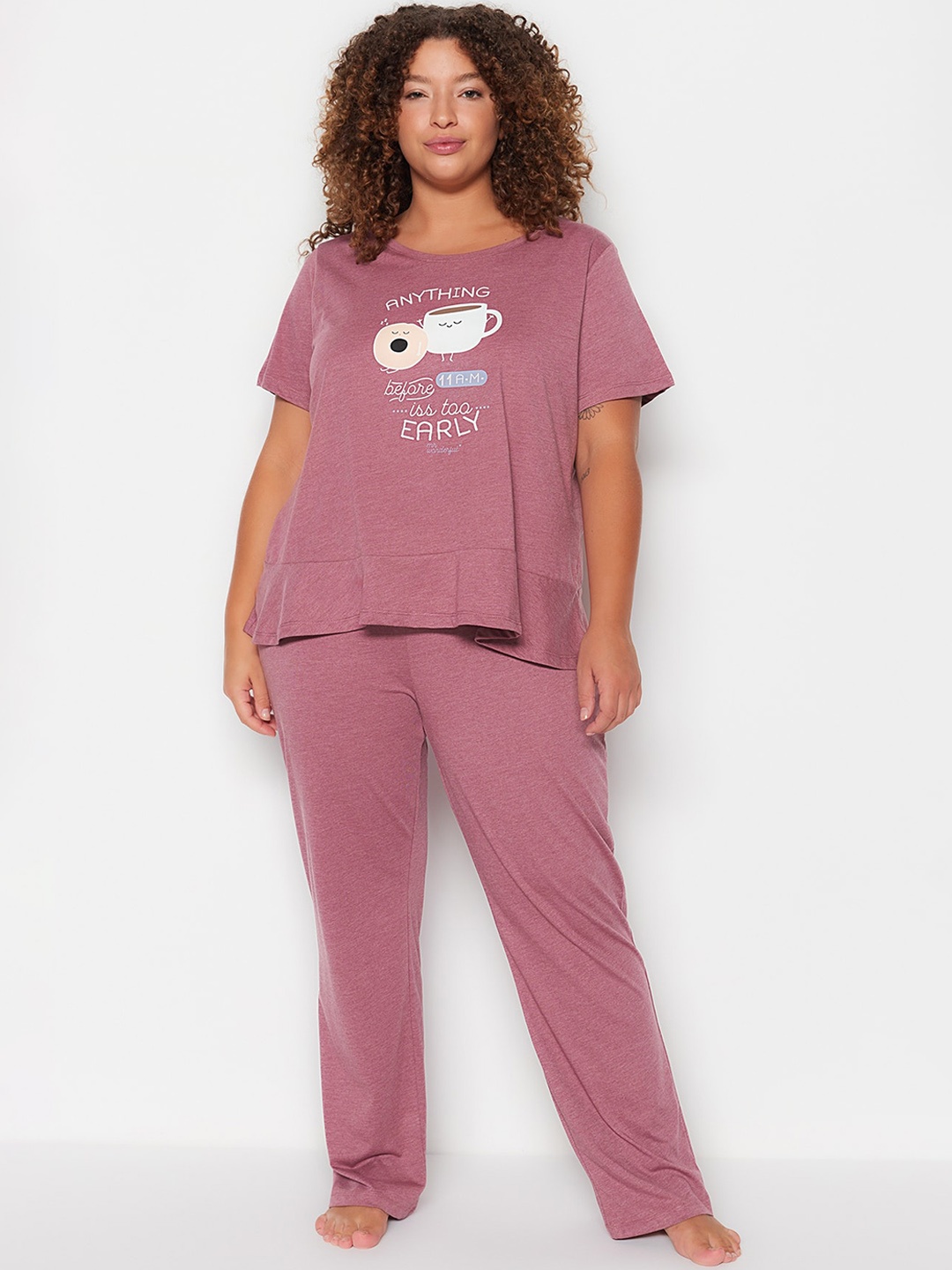 

Trendyol Plus Size Graphic Printed Round Neck Night Suit, Pink