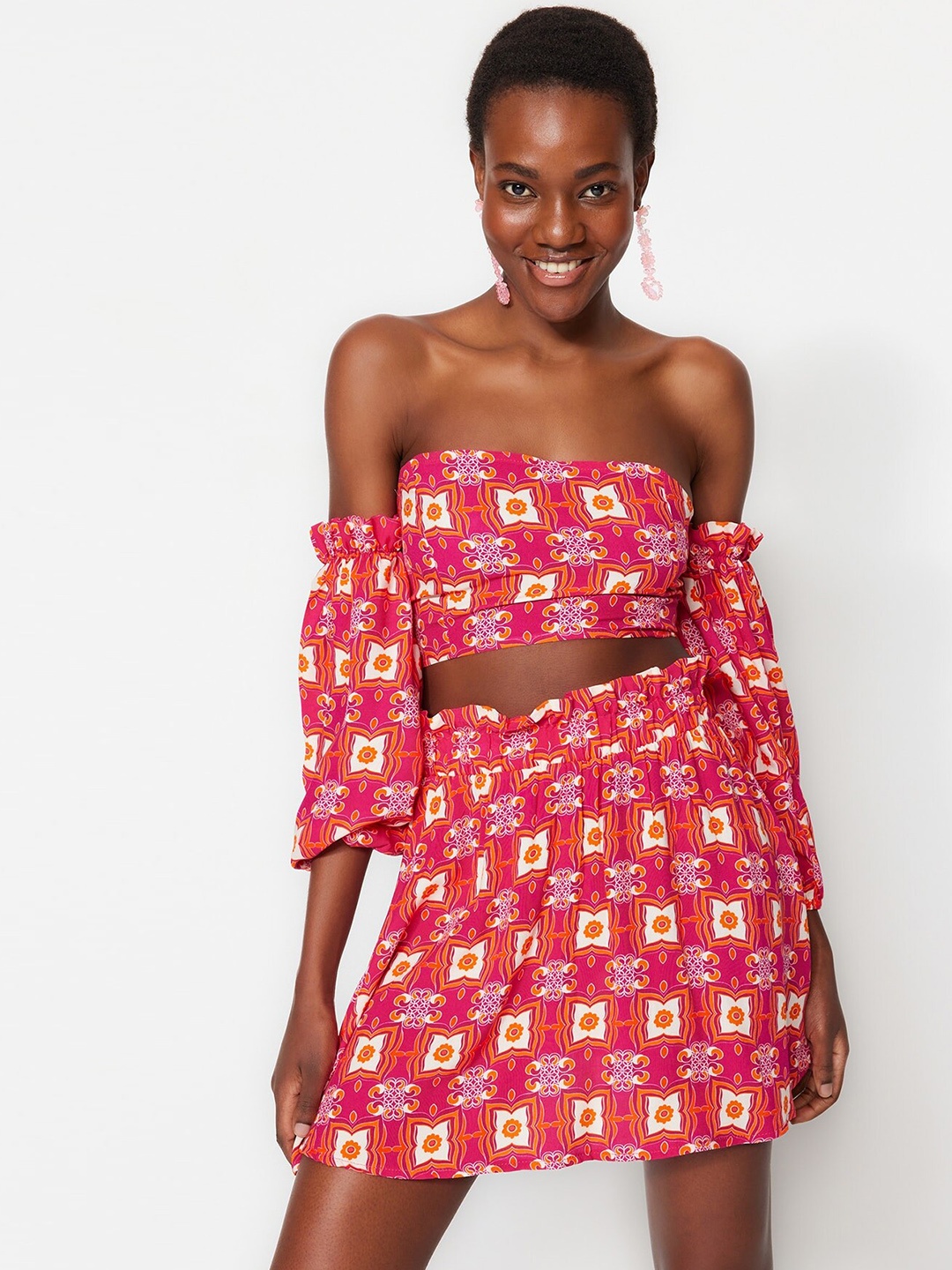 

Trendyol Strapless Top With Skirt Co-Ords, Pink