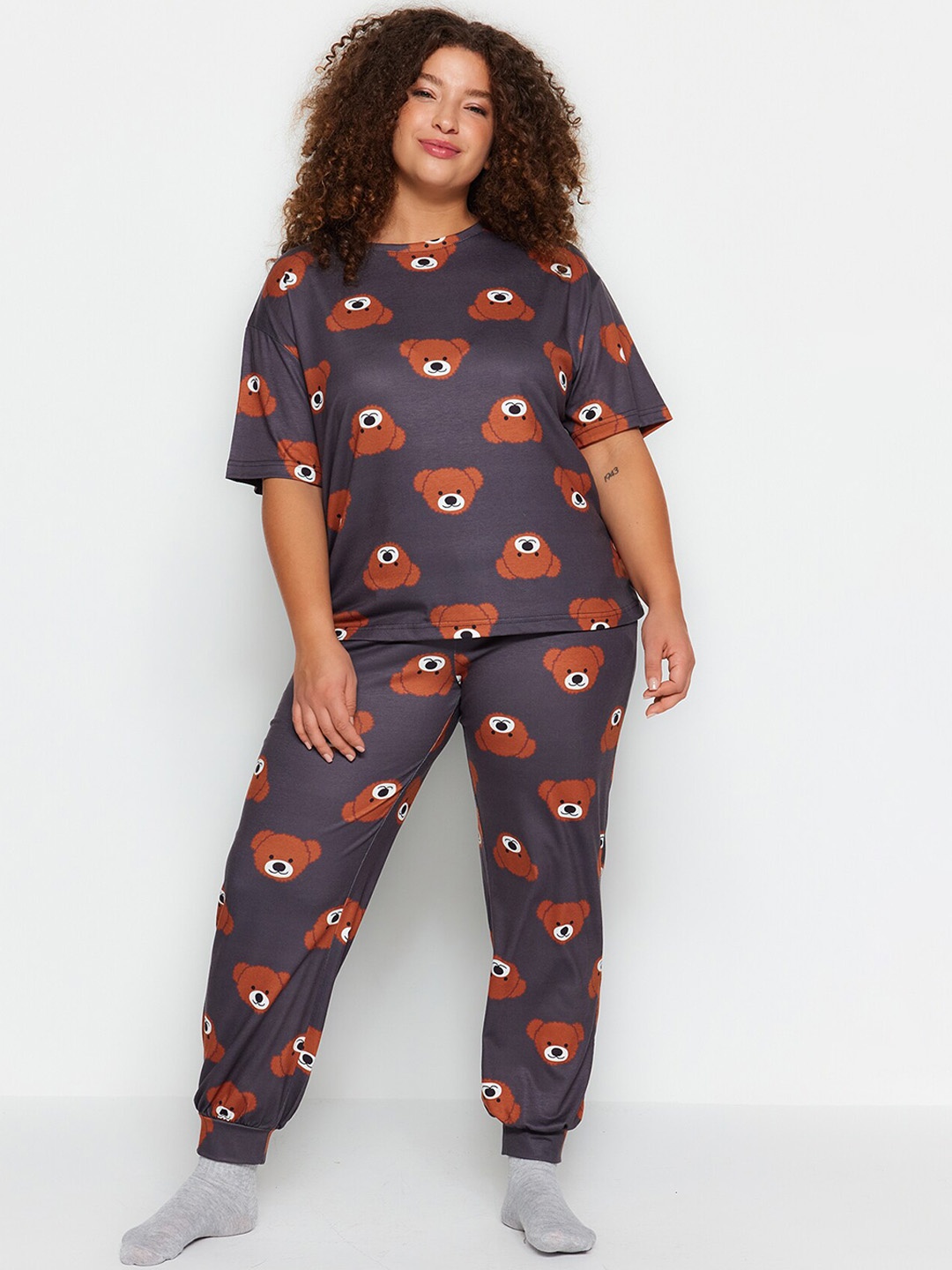 

Trendyol Plus Size Conversational Printed Cotton Night Suit, Purple