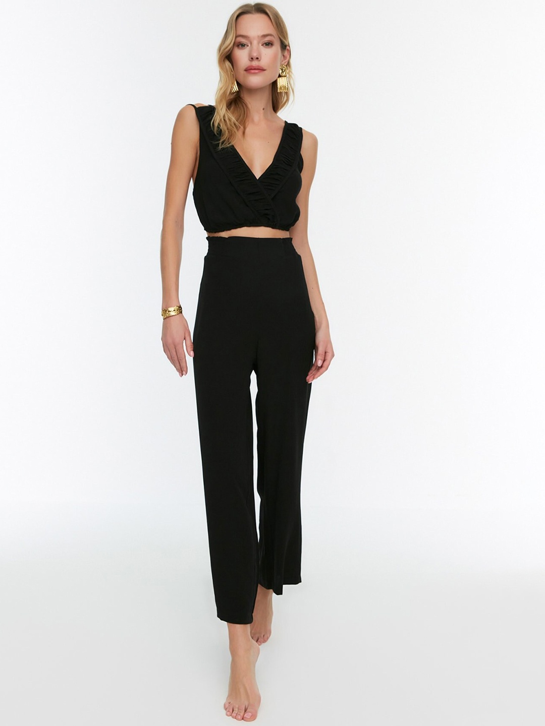 

Trendyol Women Solid Top With Pyjama Night Suit, Black