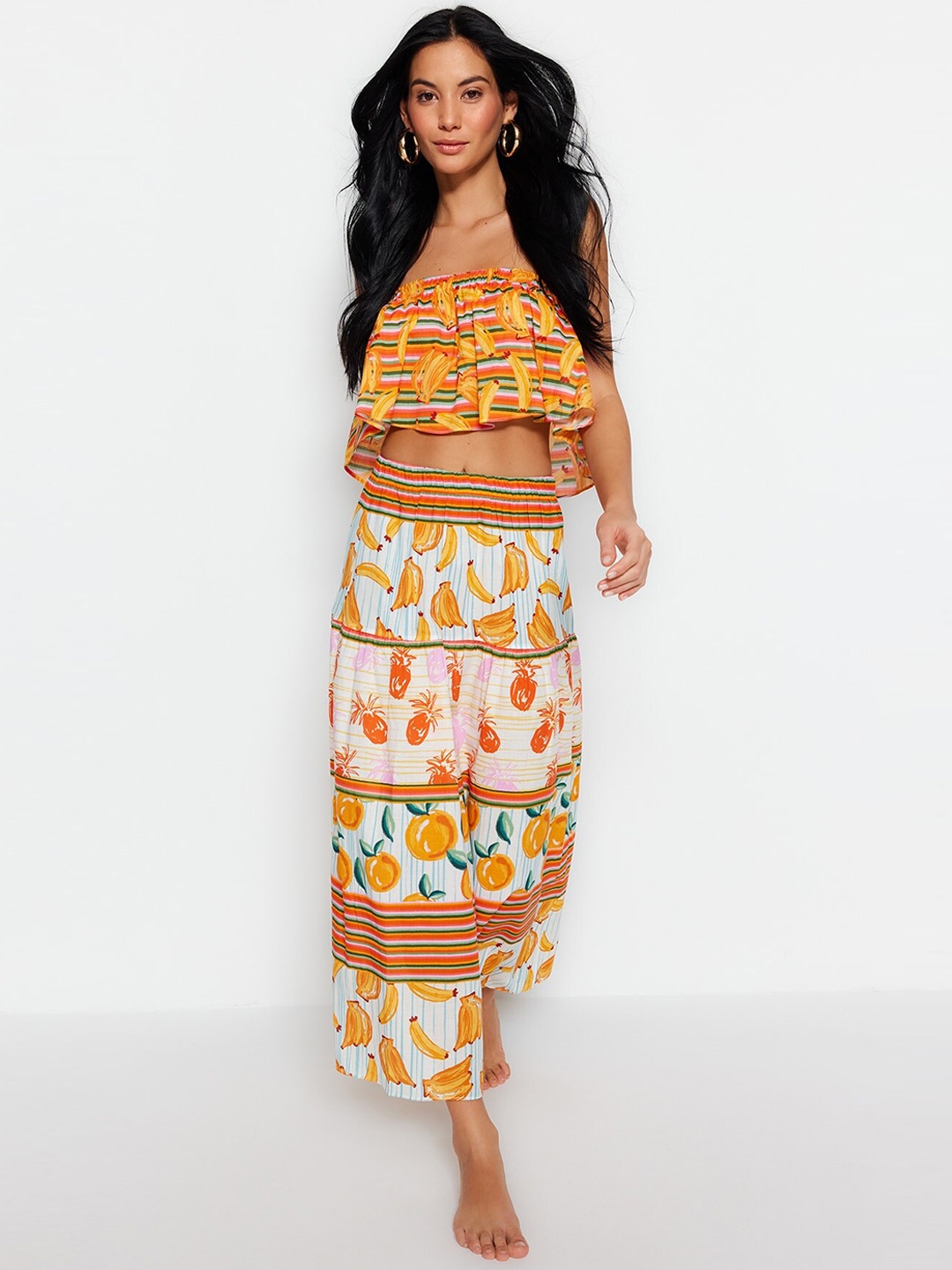 

Trendyol Printed Pure Cotton Top With Pyjama Night Suit, Yellow