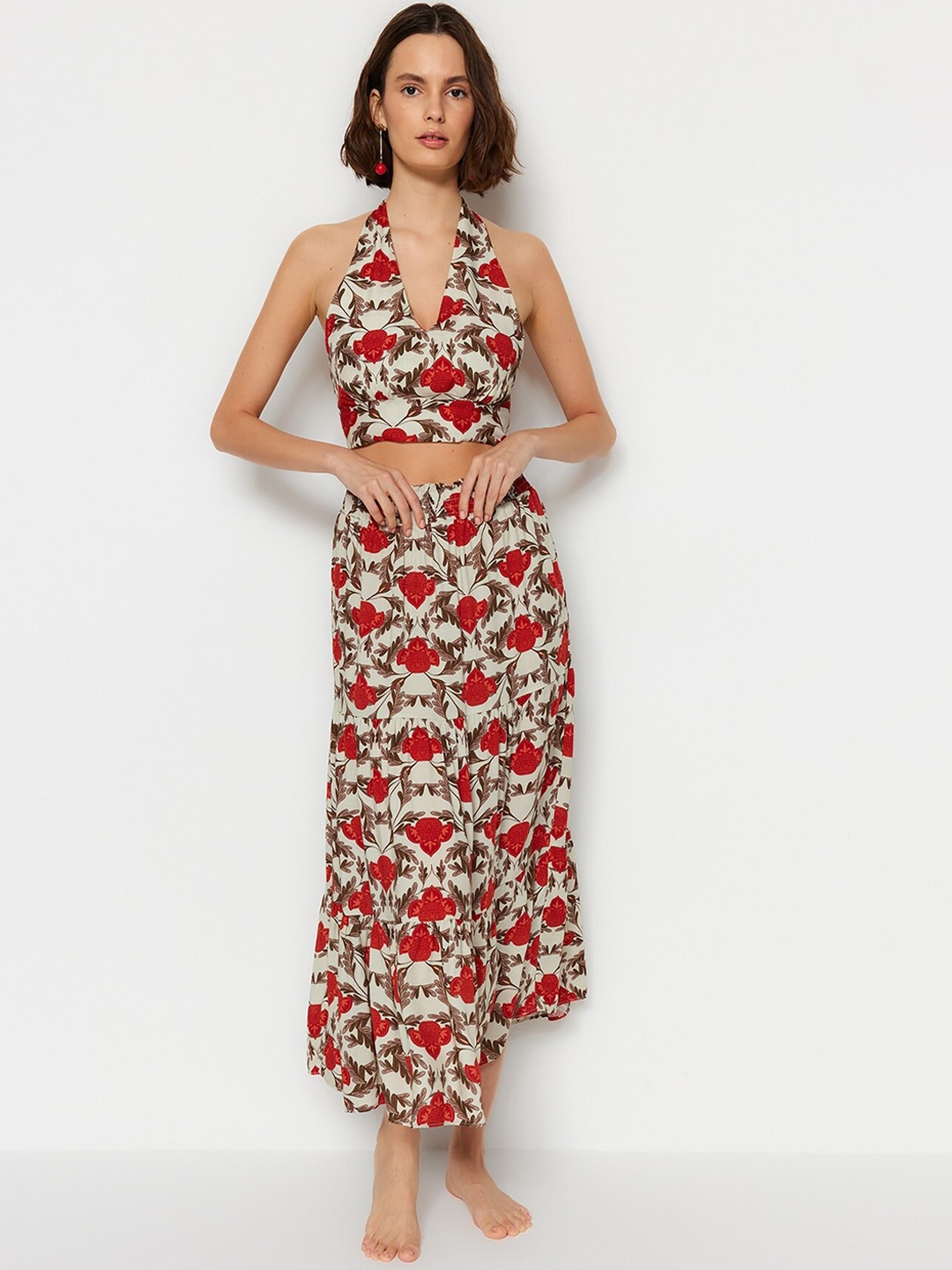 

Trendyol Printed Top With Skirt Night Suit, Red