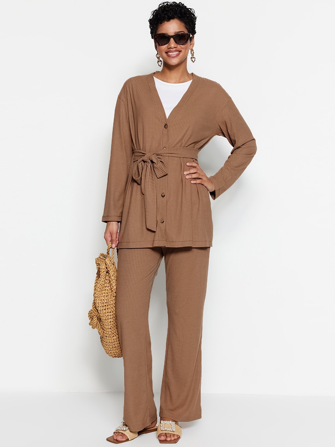 

Trendyol Striped Shrug With Trousers Co-Ords, Beige