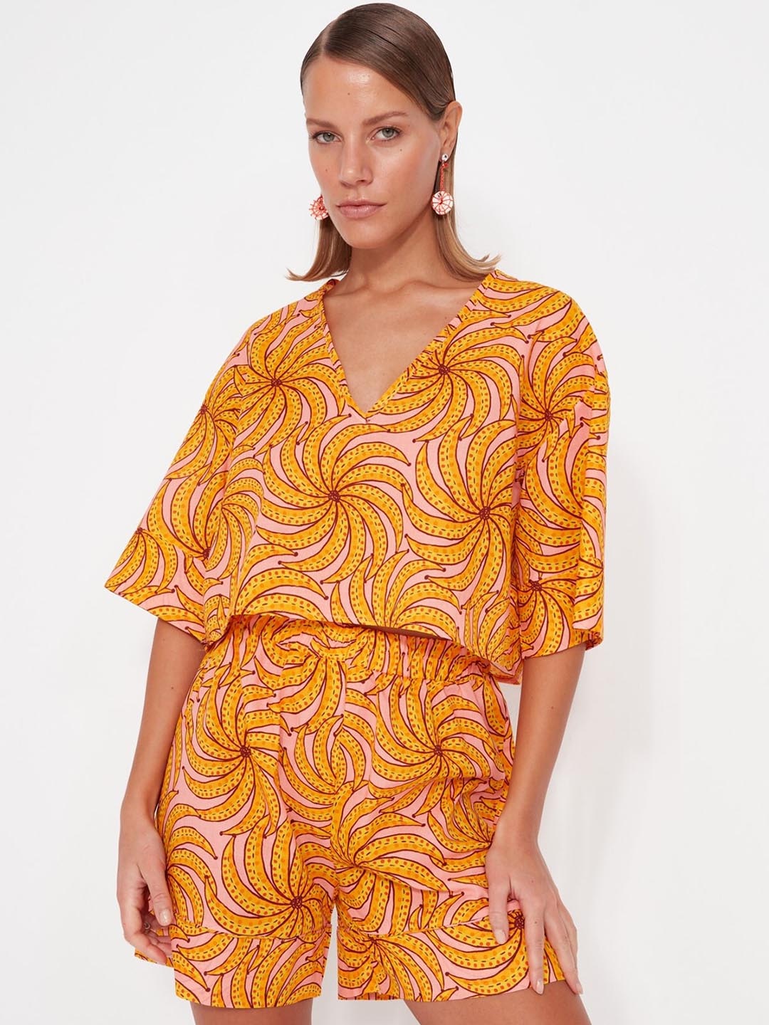 

Trendyol Printed Pure Cotton Top With Shorts, Na