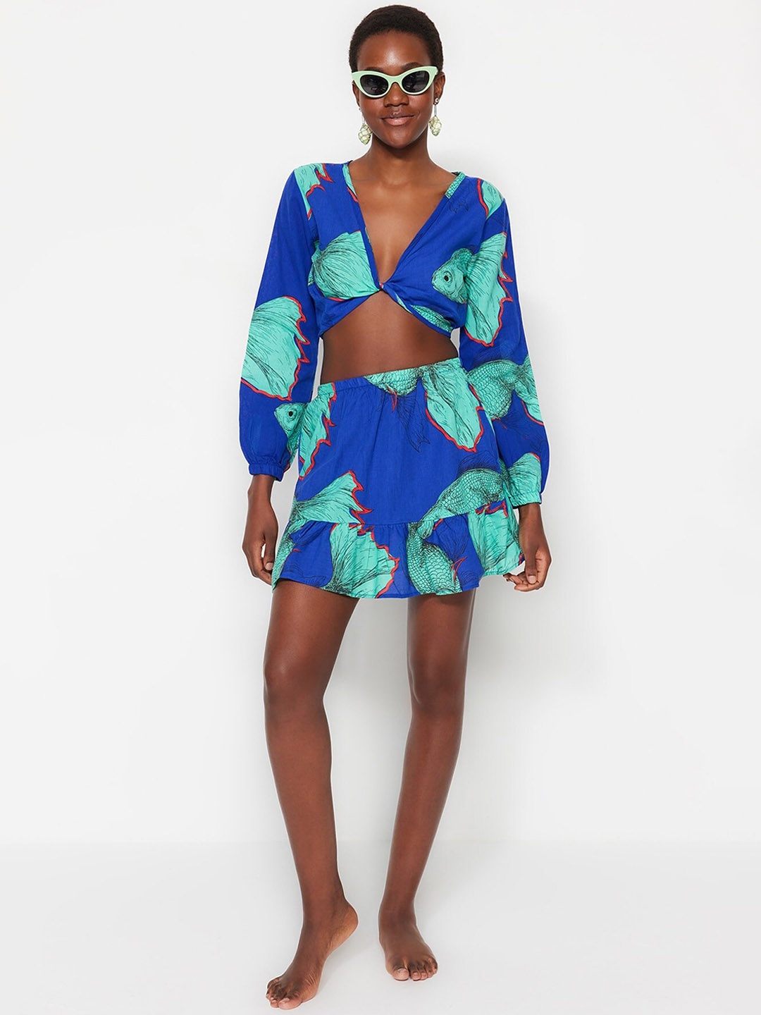 

Trendyol Printed Pure Cotton Top With Skirt Night Suit, Blue