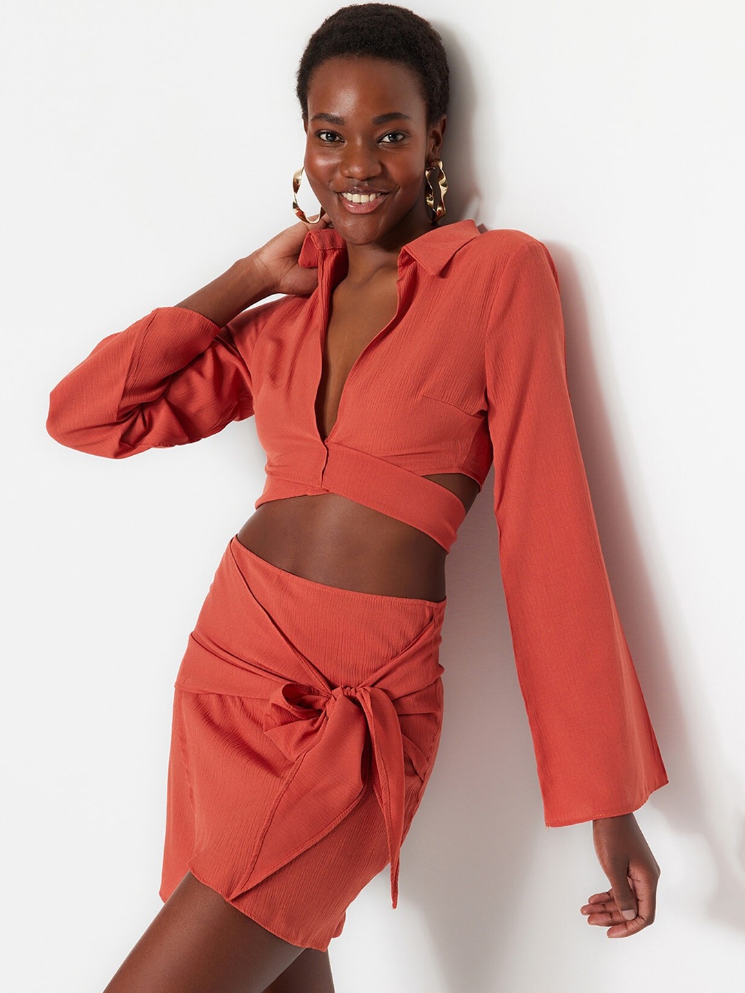 

Trendyol Shirt-Collar Tie Up Detail Night suit, Orange