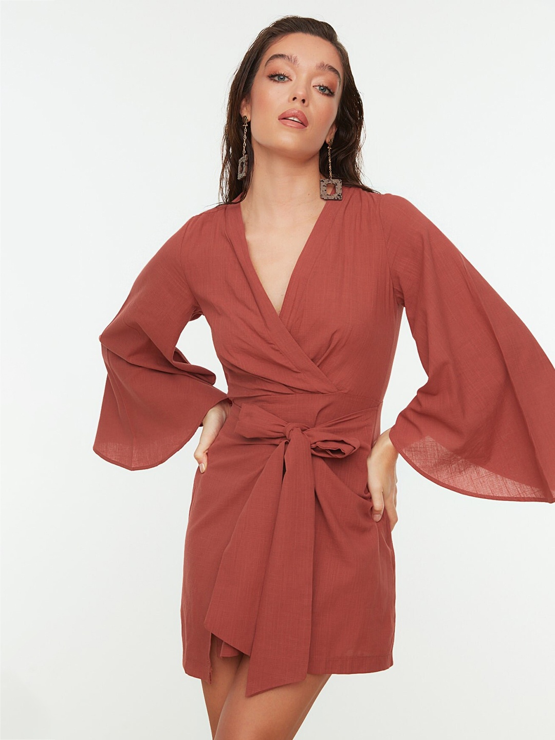 

Trendyol Women Bell Sleeves Wrap Dress, Rust