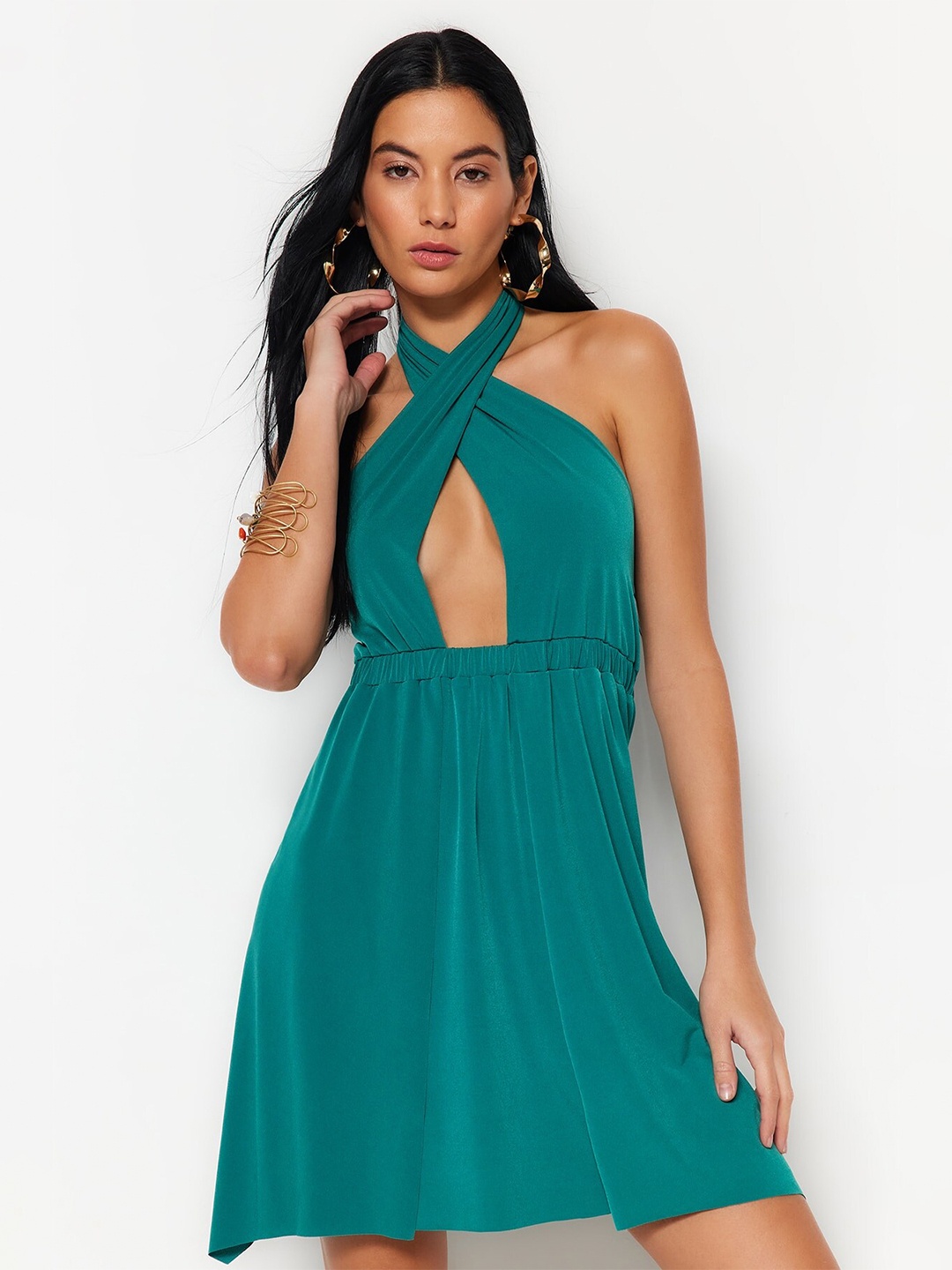 

Trendyol Halter Neck Fit & Flare Dress, Teal