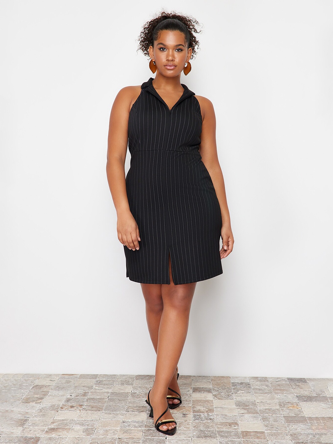 

Trendyol Women Striped A-Line Mini Dress, Black