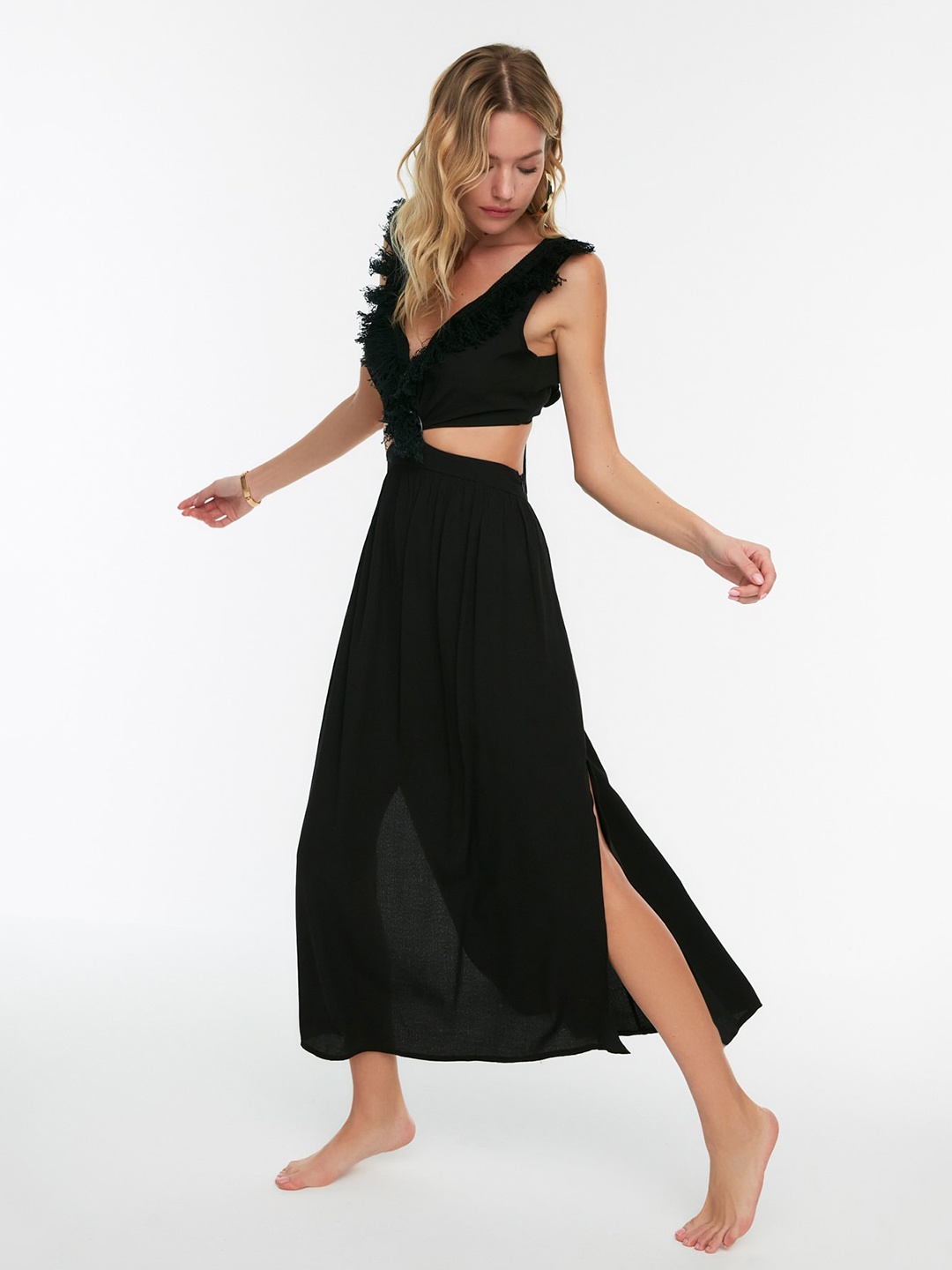 Trendyol Solid V-Neck Maxi Dress, Black