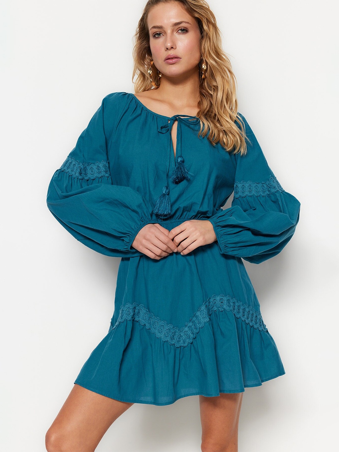 

Trendyol Women Puff Sleeve Fit & Flare Mini Dress, Teal