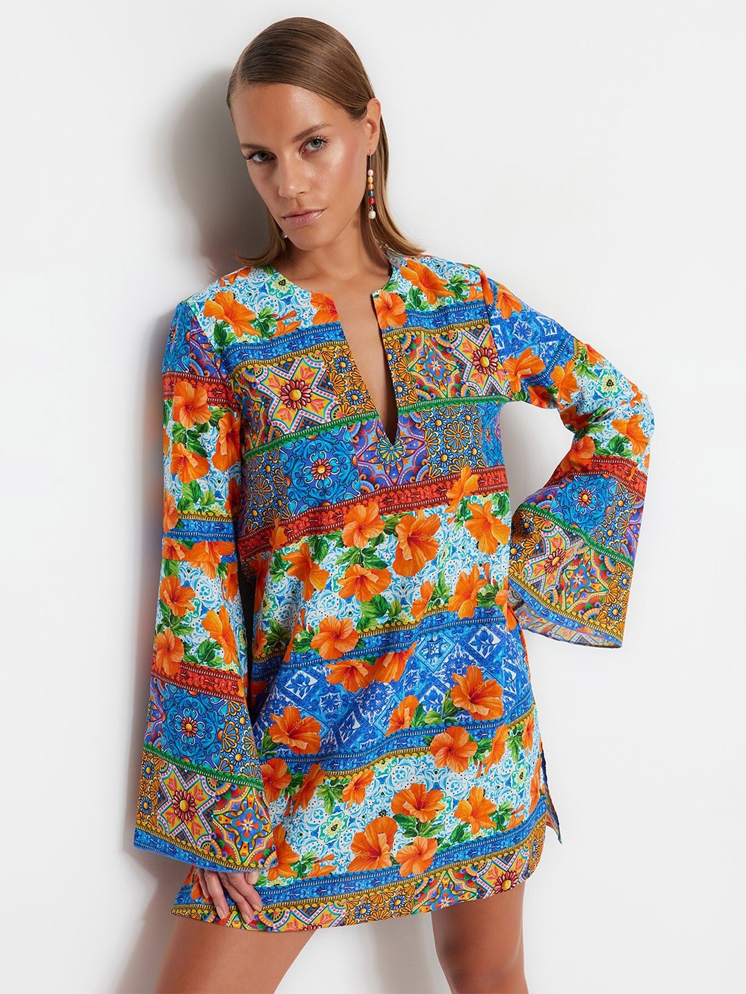 

Trendyol Floral Print Bell Sleeve A-Line Dress, Na