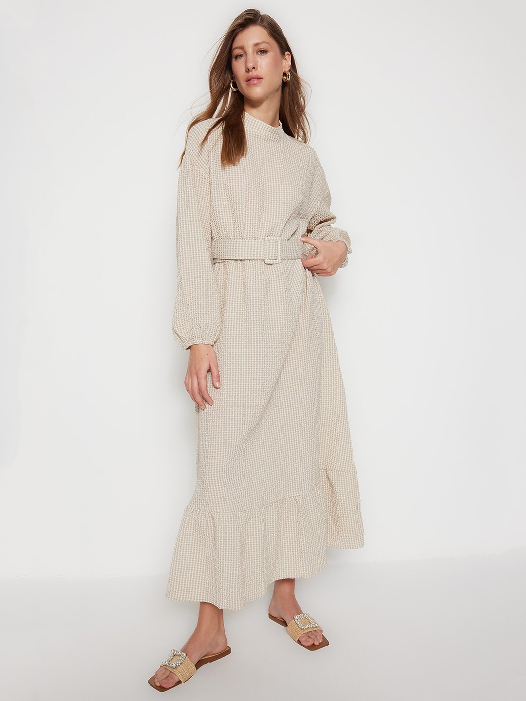 

Trendyol Bishop Sleeves A-Line Midi Dress, Beige