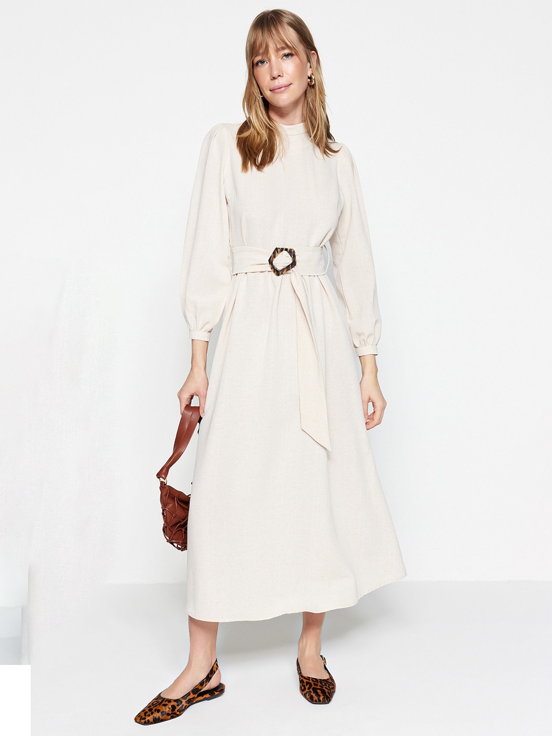 

Trendyol Puff Sleeve Fit & Flare Midi Dress, Off white