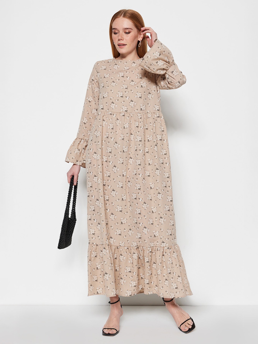 

Trendyol Floral Printed Bell Sleeve Maxi Dress, Beige