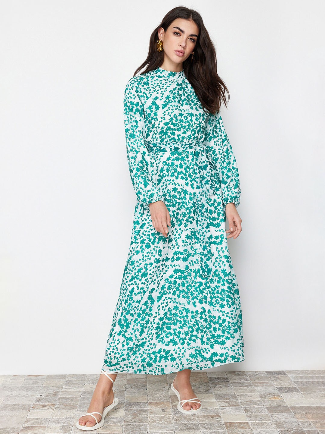 

Trendyol Floral Print Cuffed Sleeve A-Line Maxi Dress, Sea green