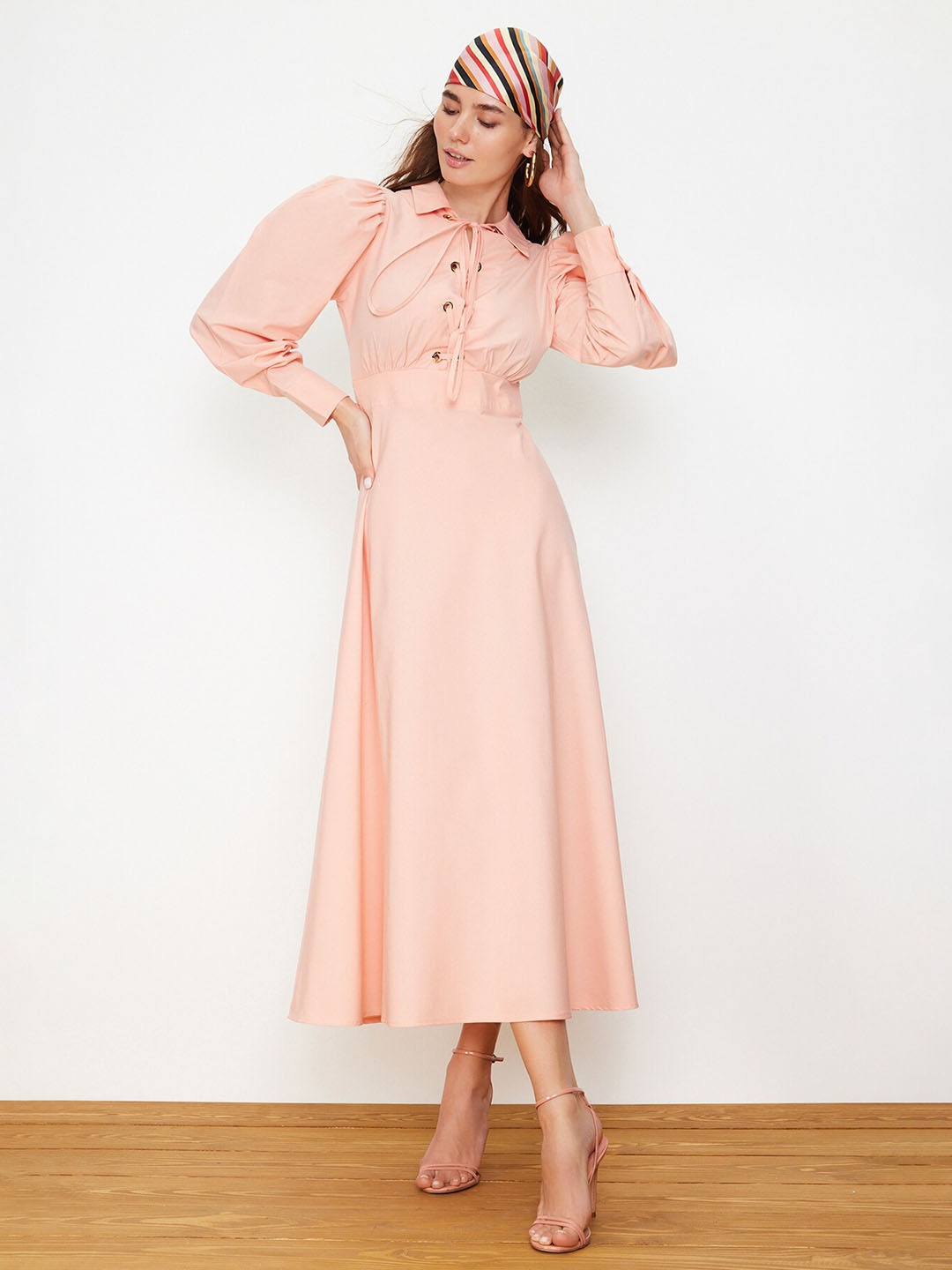 

Trendyol Puff Sleeves Fit & Flare Midi Dress, Peach