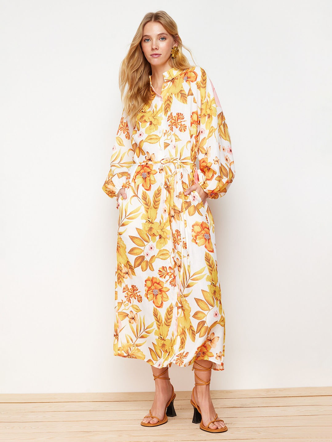 

Trendyol Floral Print Bishop Sleeve Maxi Dress, Yellow
