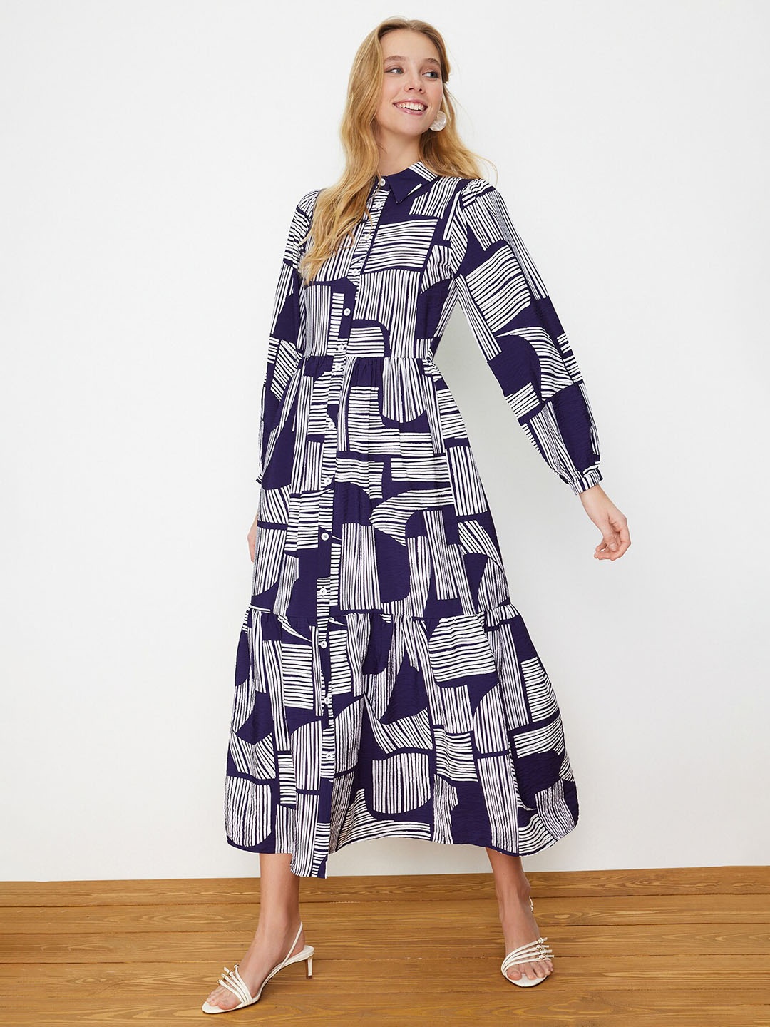 

Trendyol Print Shirt Collar Fit and Flare Maxi Dress, Purple