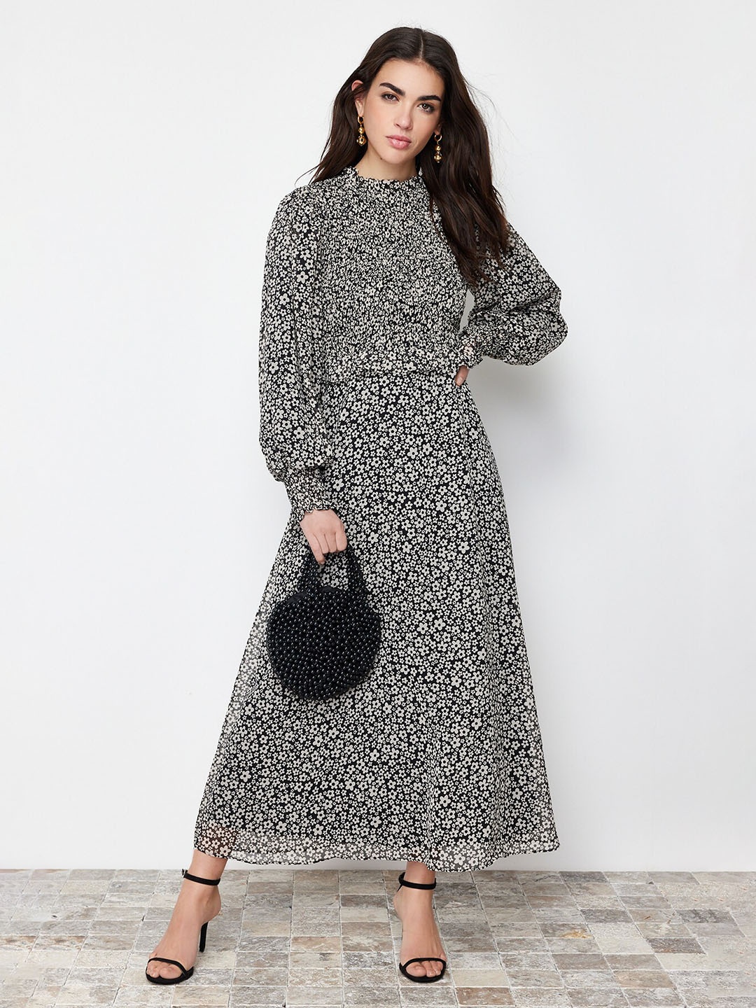 

Trendyol Floral Print Puff Sleeve Fit & Flare Maxi Dress, Black