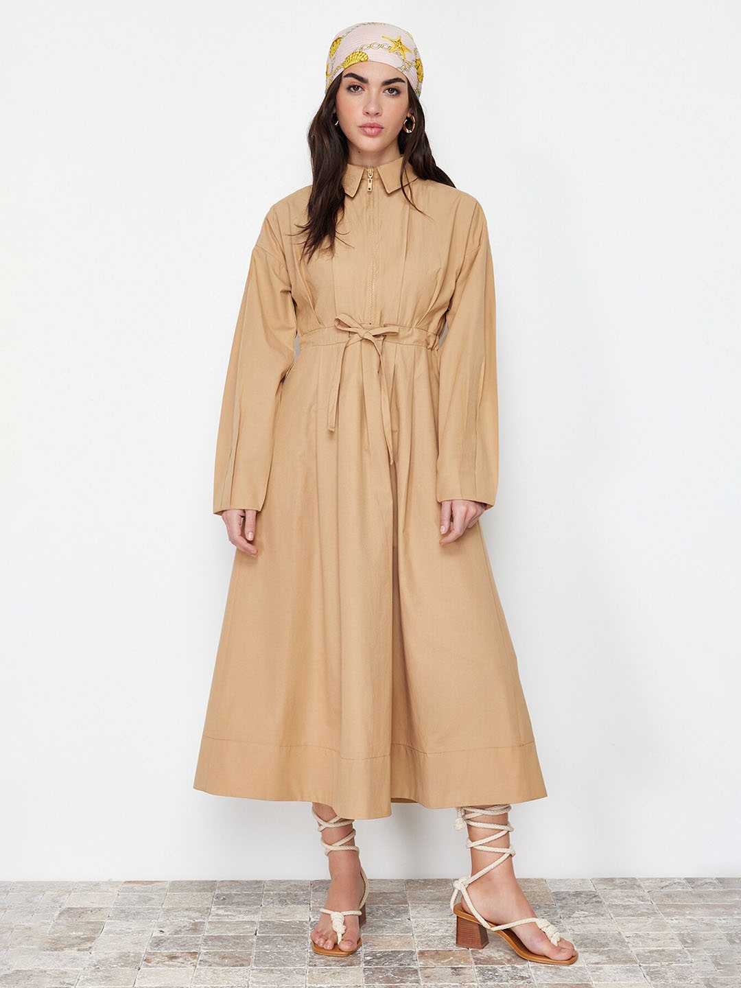 

Trendyol Shirt Collar Fit & Flare Midi Dress, Camel brown