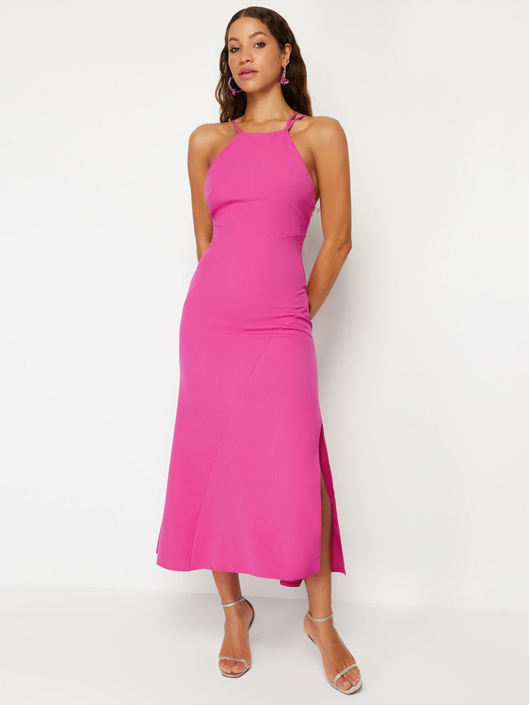 

Trendyol Solid Shoulder Straps Midi Sheath Dress, Pink