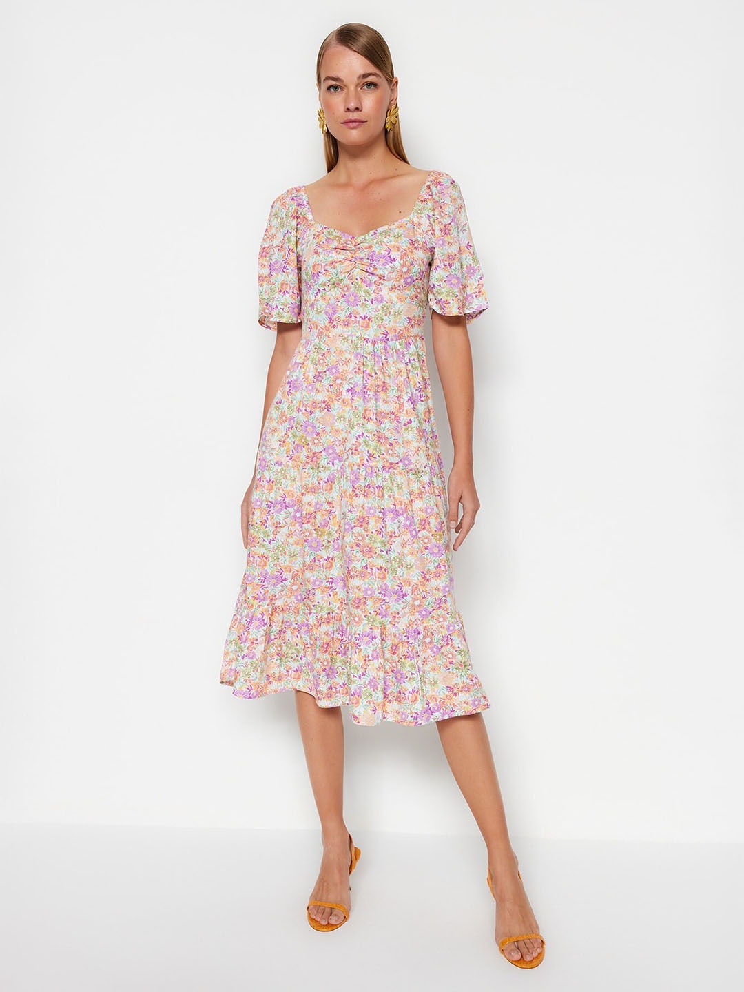 

Trendyol Floral Print Flared Sleeve A-Line Midi Dress, Pink