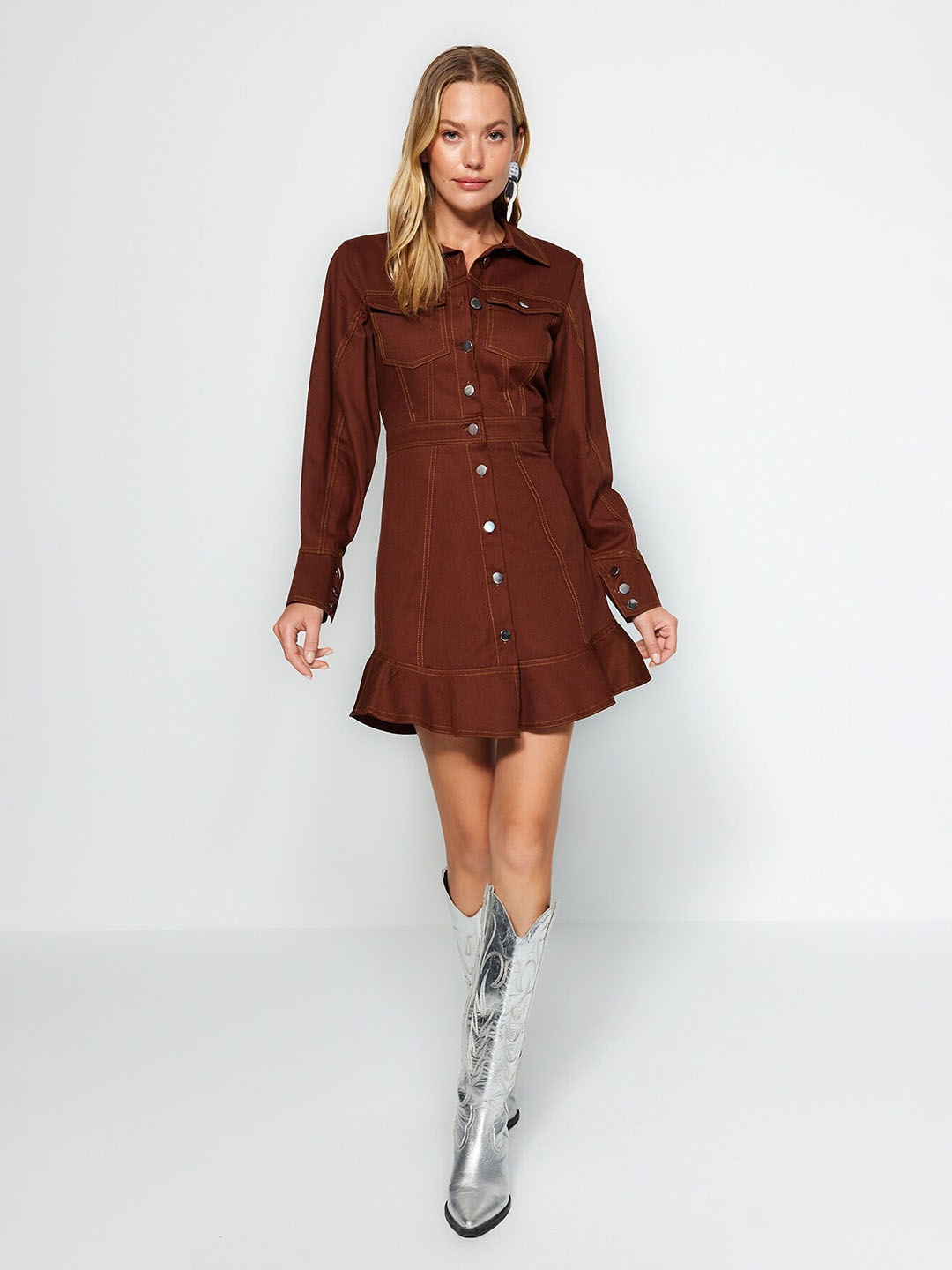 

Trendyol Pure Cotton Mini Shirt Dress, Coffee brown