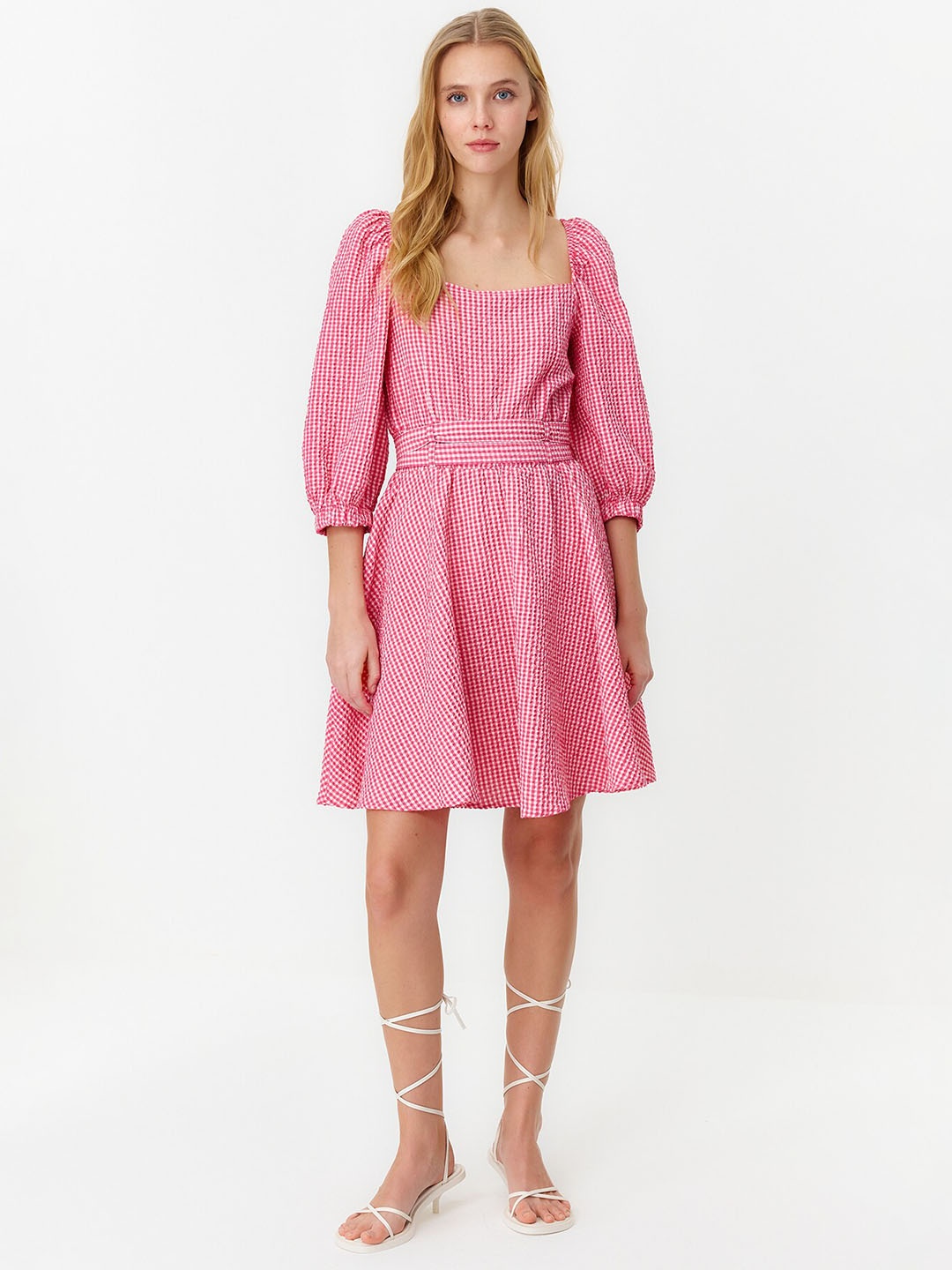 

Trendyol Checked Print Puff Sleeve Fit & Flare Dress, Pink