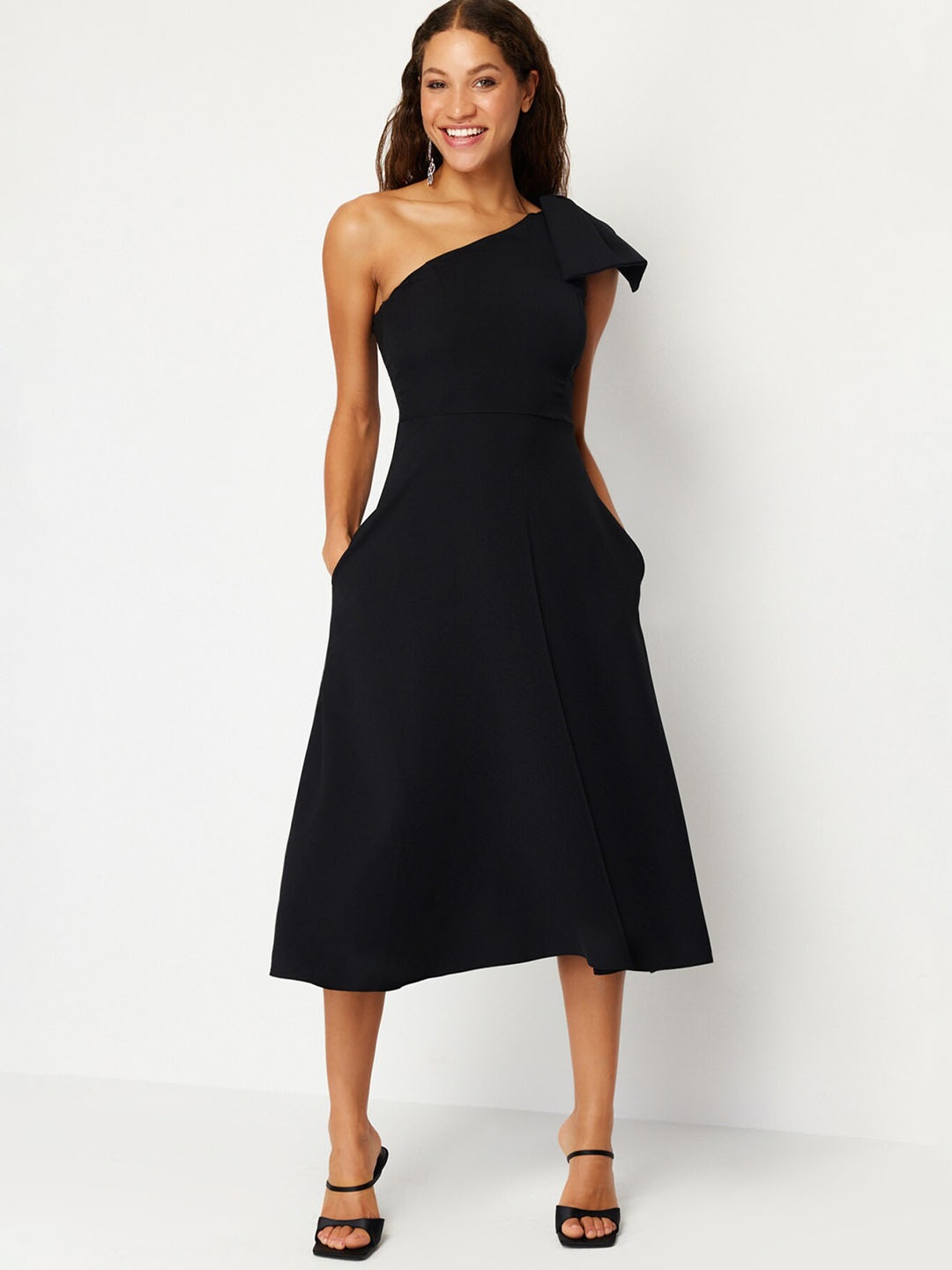

Trendyol One Shoulder Midi Fit & Flare Dress, Black