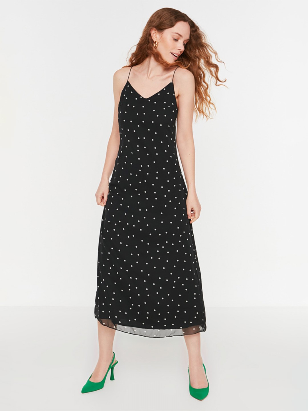 

Trendyol Polka Dots Print A-Line Midi Dress, Green