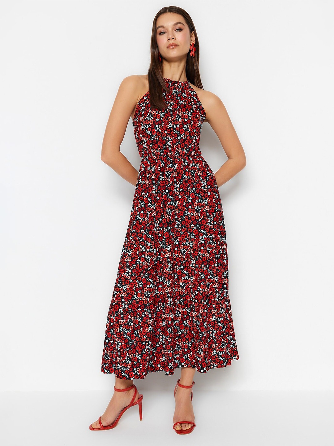 

Trendyol Women Halter Neck Sleeveless Floral Print Maxi Dress, Red