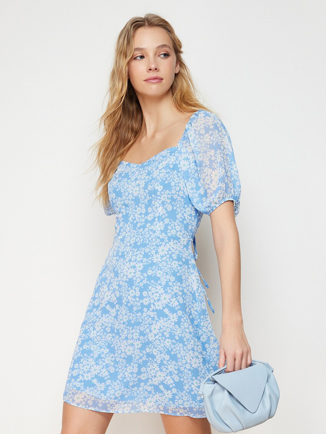 

Trendyol Women Off-Shoulder Floral Print A-Line Dress, Blue