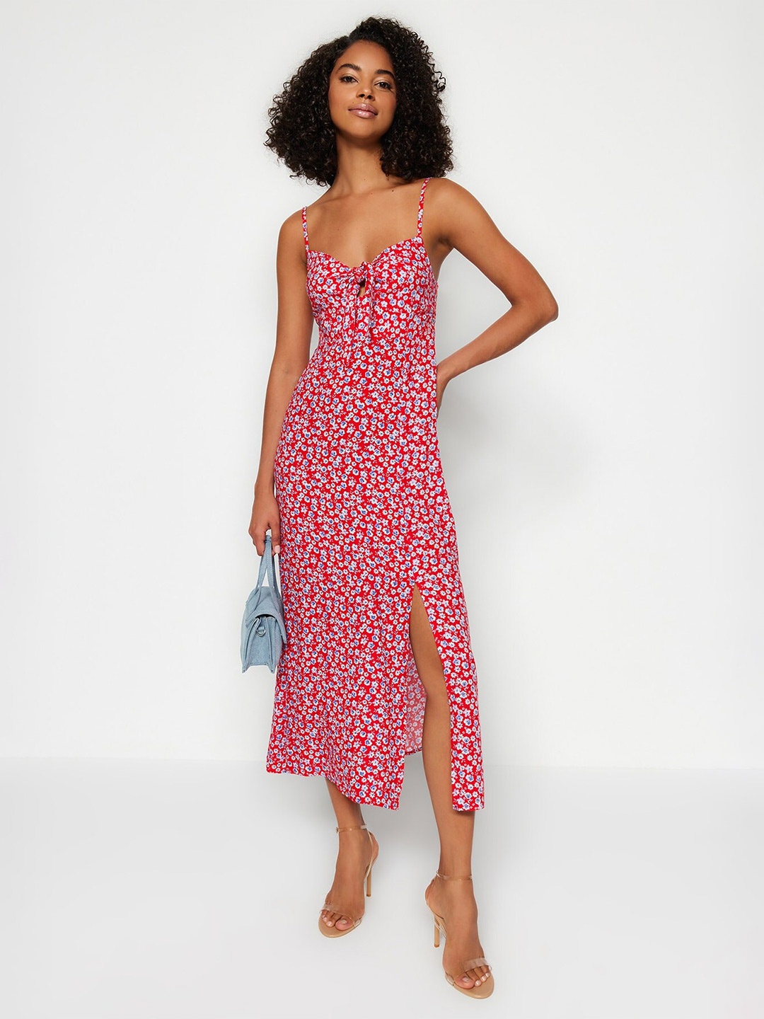 

Trendyol Women Shoulder Straps Floral Printed A-Line Midi Dress, Red