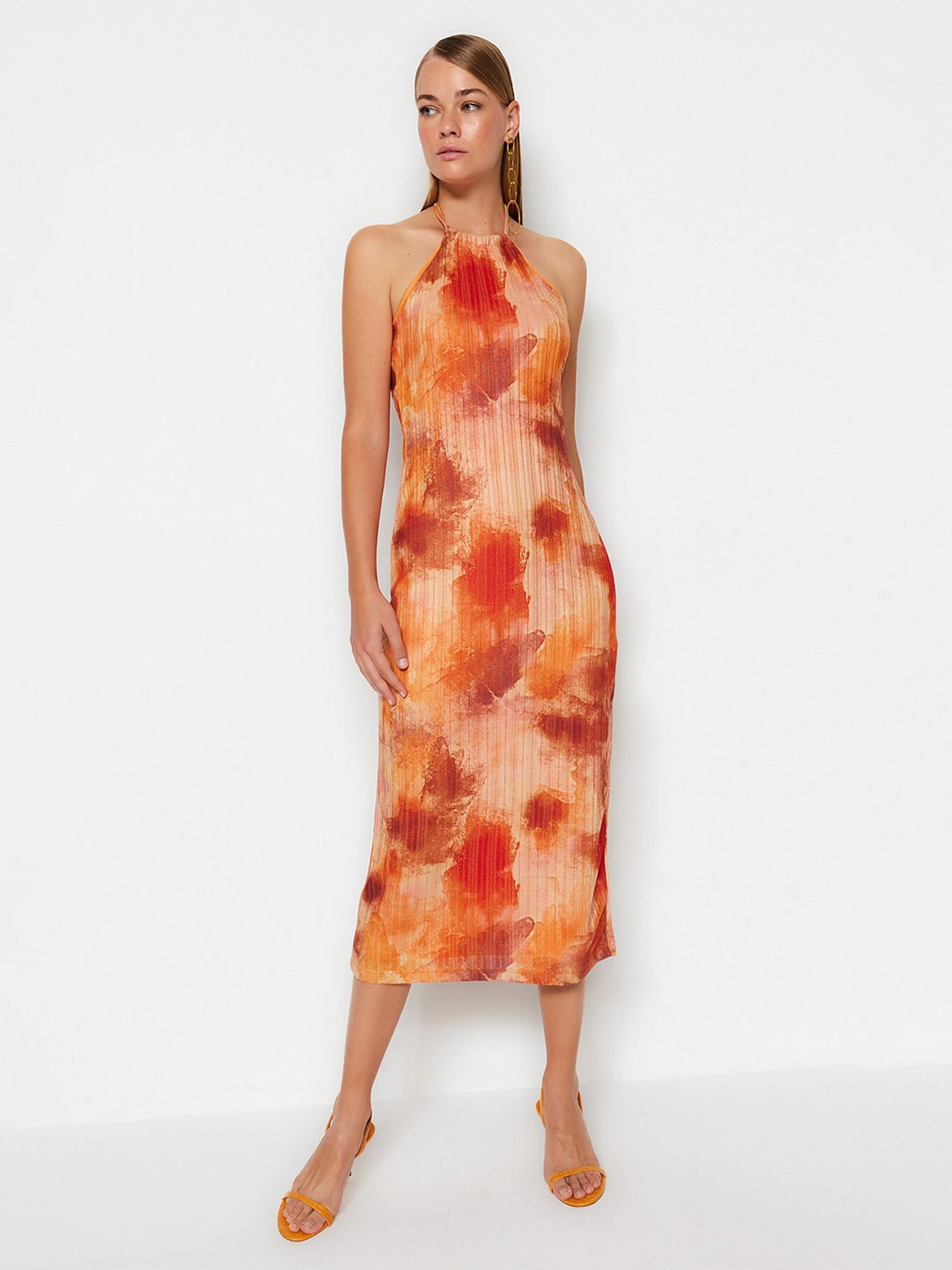 

Trendyol Women Halter neck Tie and Dye Printed A-line Midi Dress, Peach