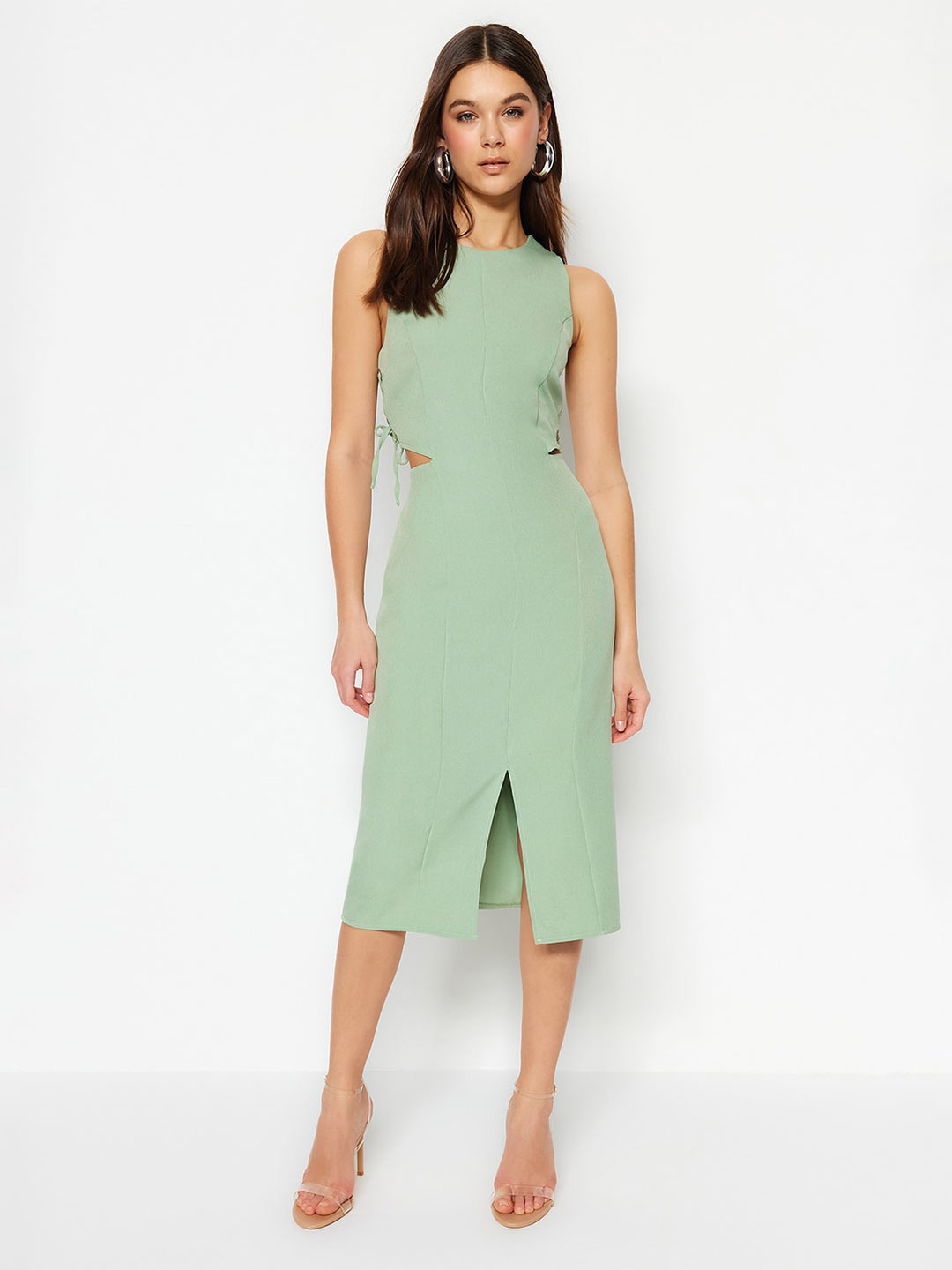 

Trendyol Women Round Neck Fit and Flare Midi Dress, Green