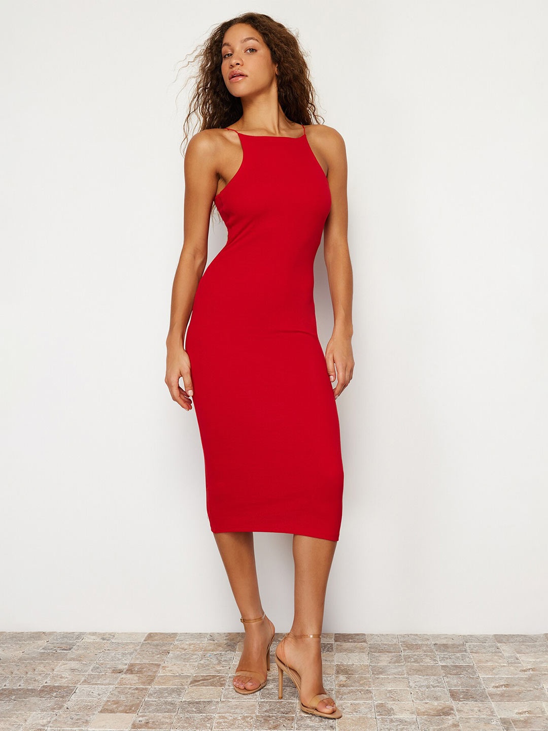 

Trendyol Women Shoulder Straps Bodycon Midi Dress, Red