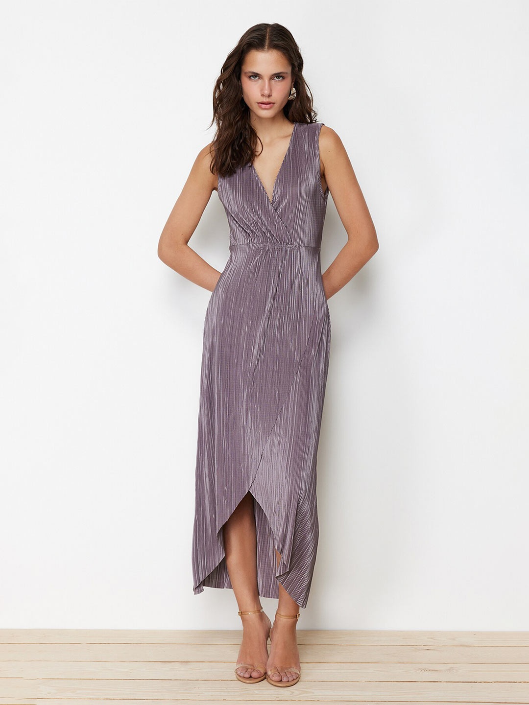 

Trendyol Women V-neck Wrap Polyester Midi Dress, Grey
