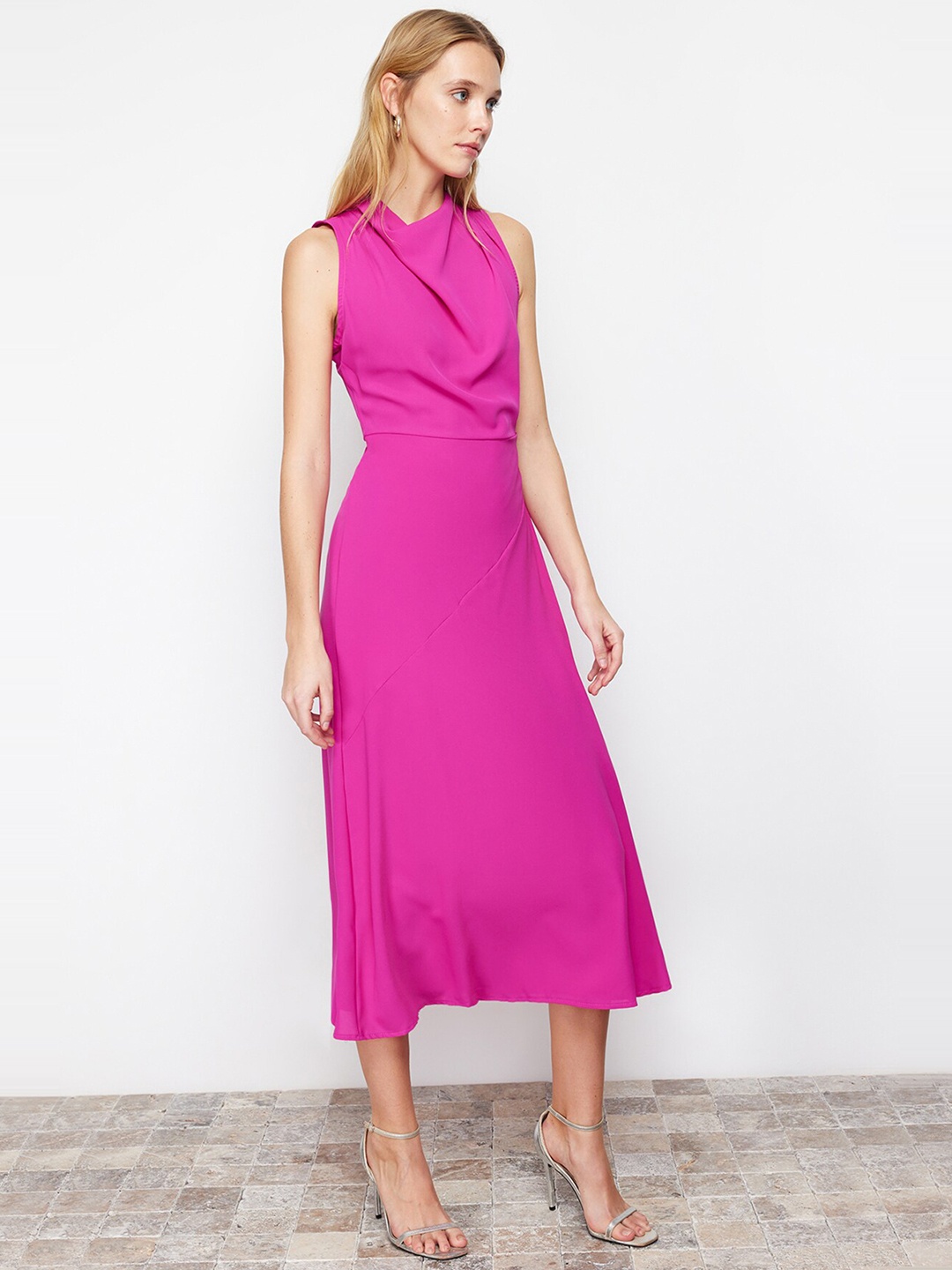 

Trendyol Cowl Neck A-Line Midi Dress, Pink