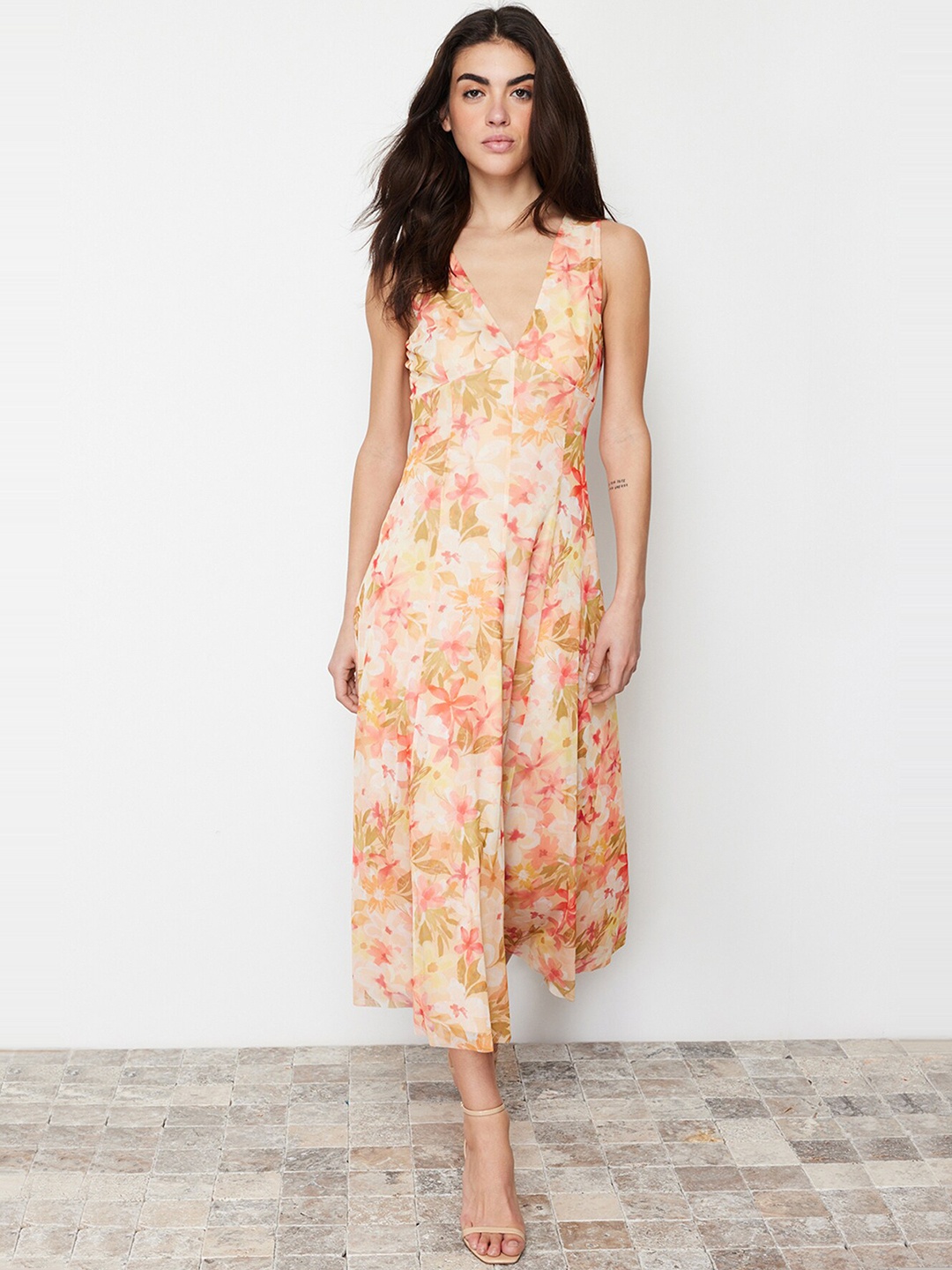 

Trendyol Floral Print A-Line Midi Dress, Peach