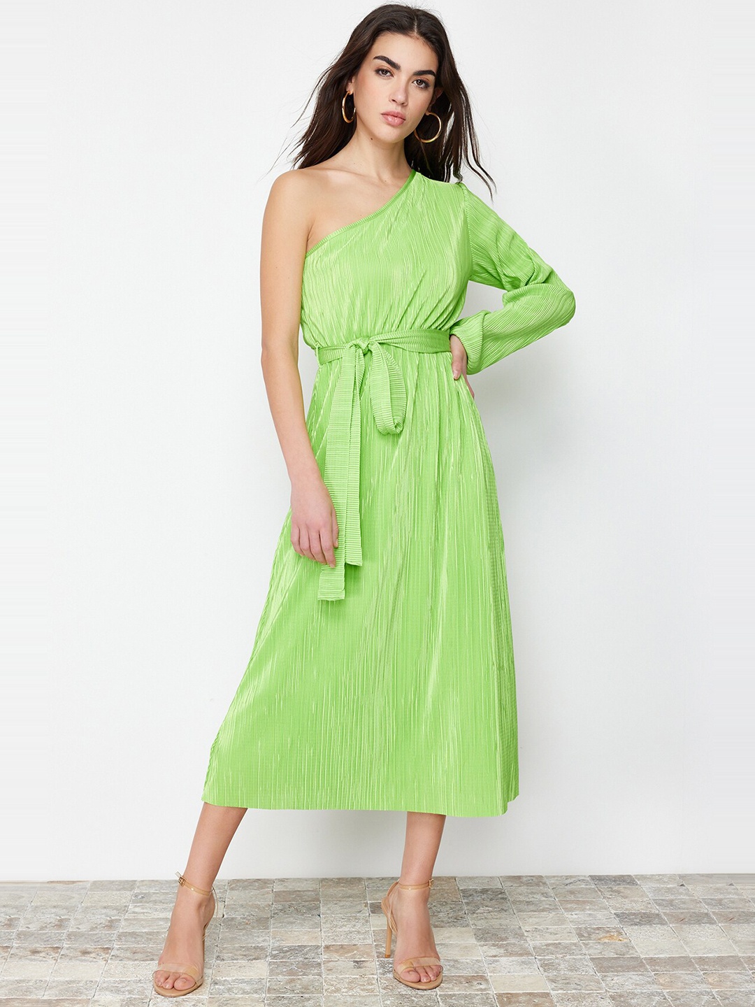 

Trendyol Puff Sleeve Fit & Flare Midi Dress, Fluorescent green