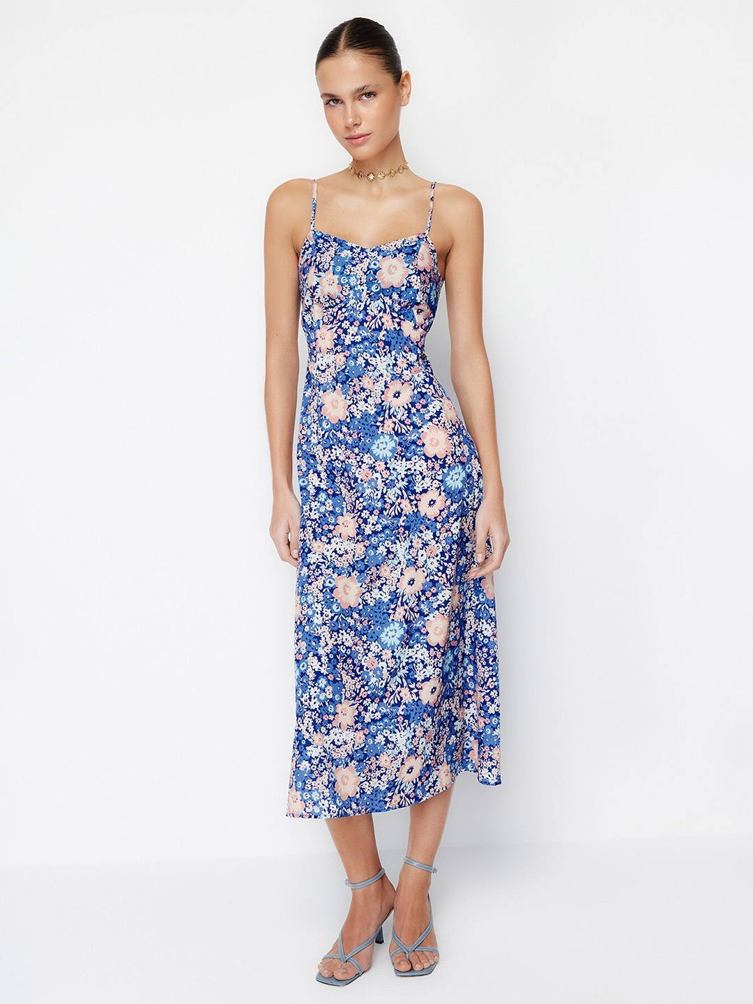 

Trendyol Floral Printed Sleeveless A-Line Midi Dress, Blue