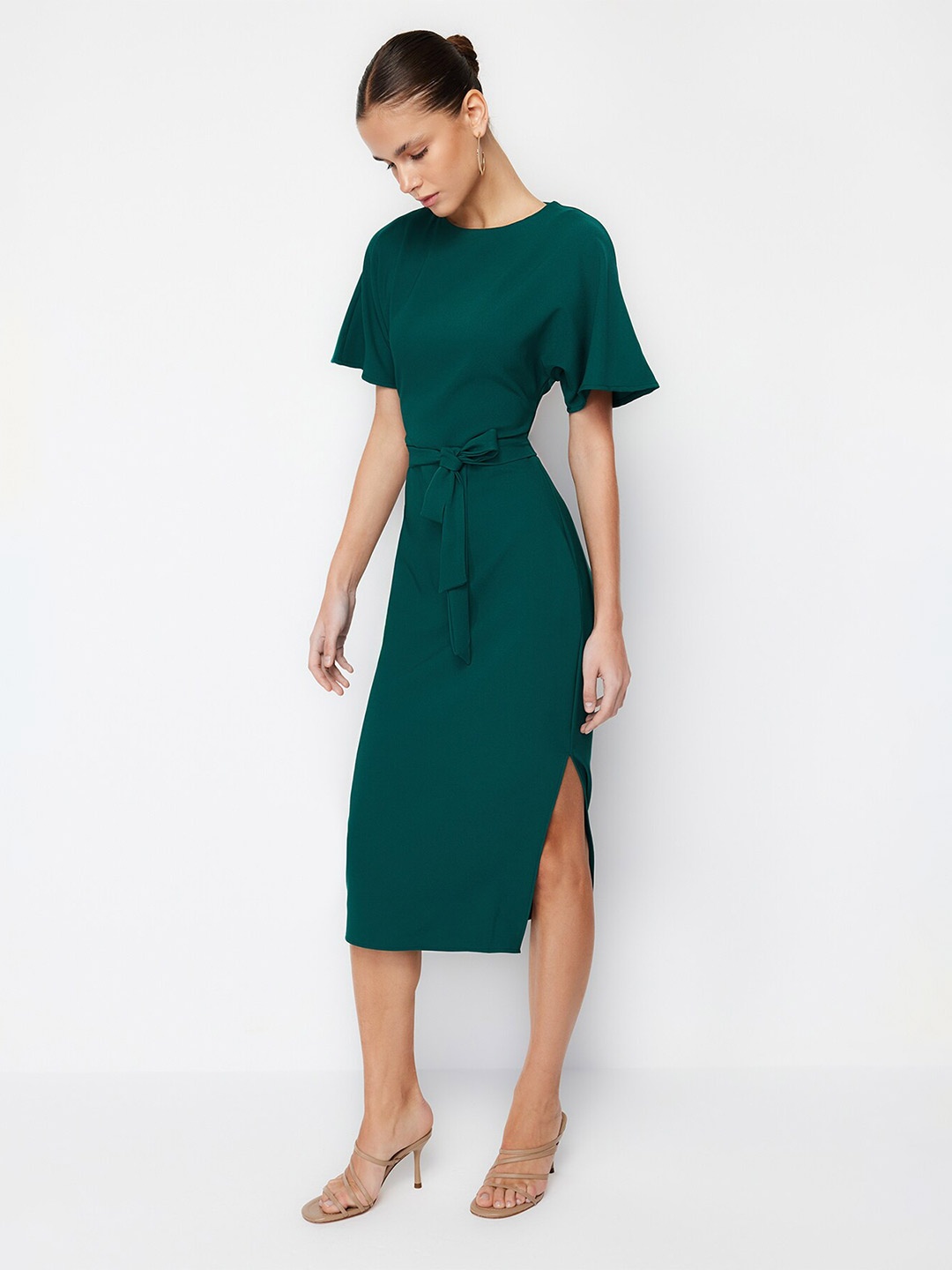 

Trendyol Women Flared Sleeve Bodycon Midi Dress, Green