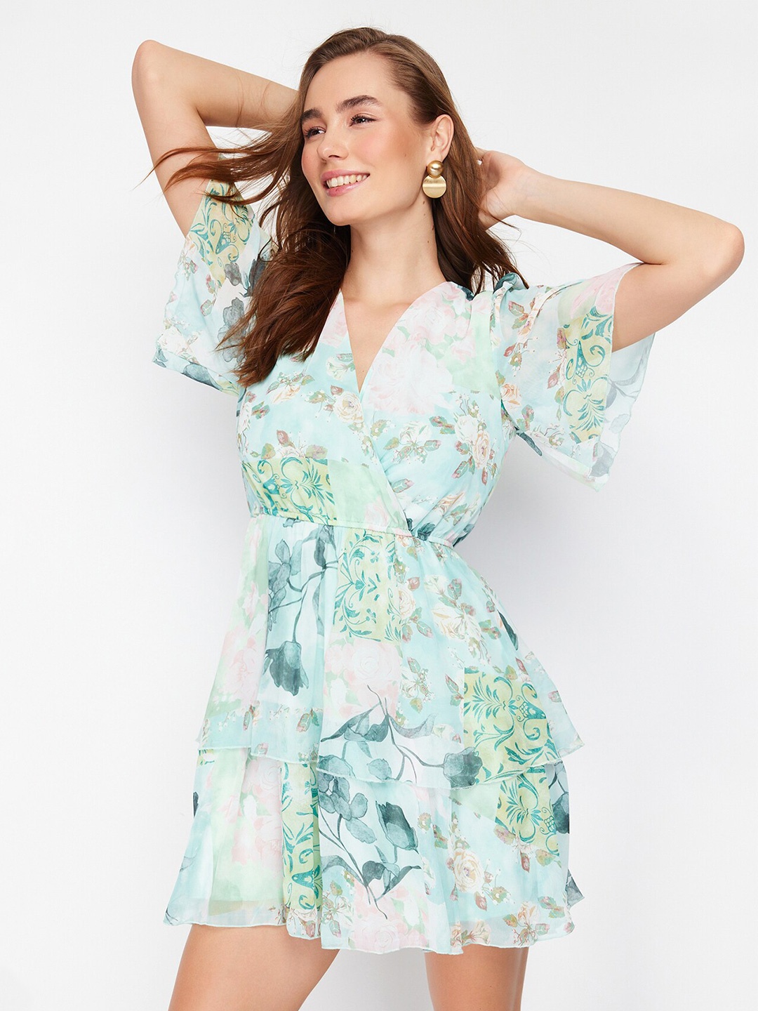 

Trendyol Floral Print Flared Sleeve Fit & Flare Mini Dress, Green