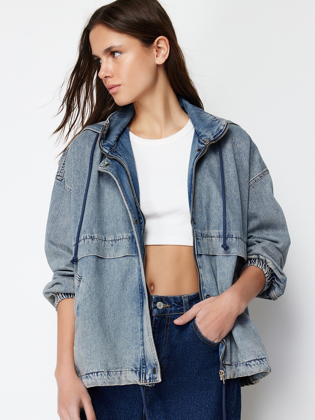 

Trendyol Washed Hooded Longline Pure Cotton Denim Jacket, Blue