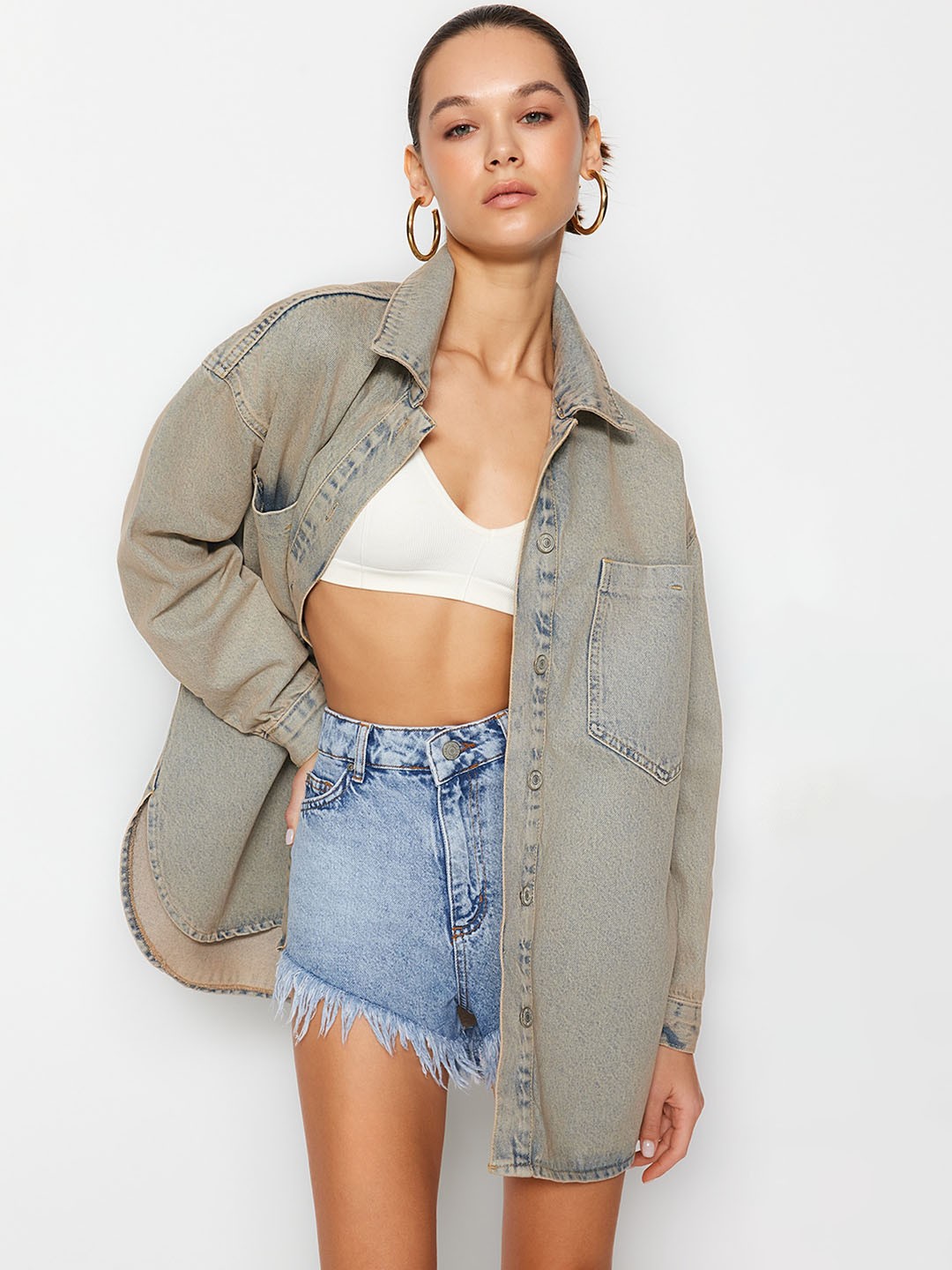 

Trendyol Washed Longline Denim Jacket, Blue
