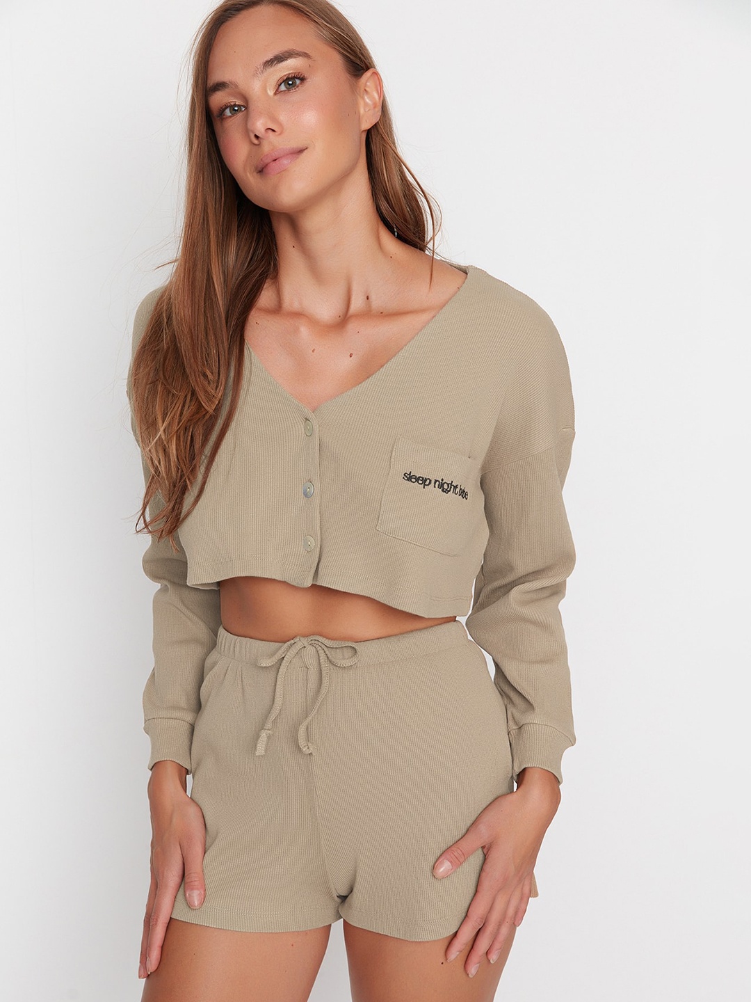 

Trendyol Women Striped Long Sleeves Night suit, Grey