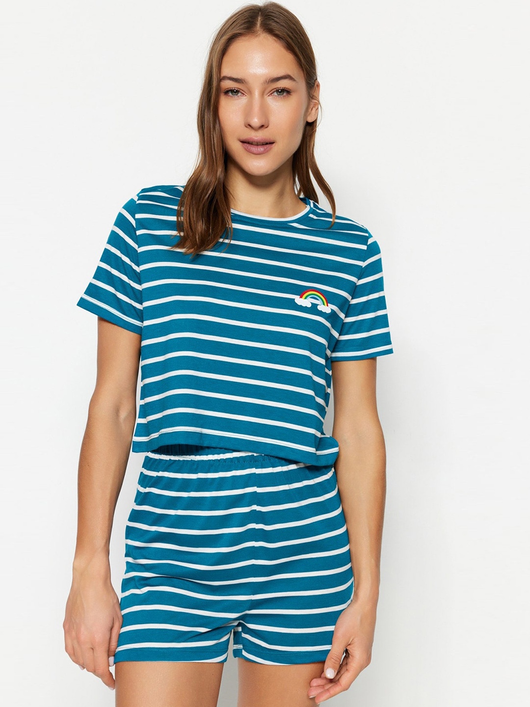 

Trendyol Women Striped Printed Night suit, Blue