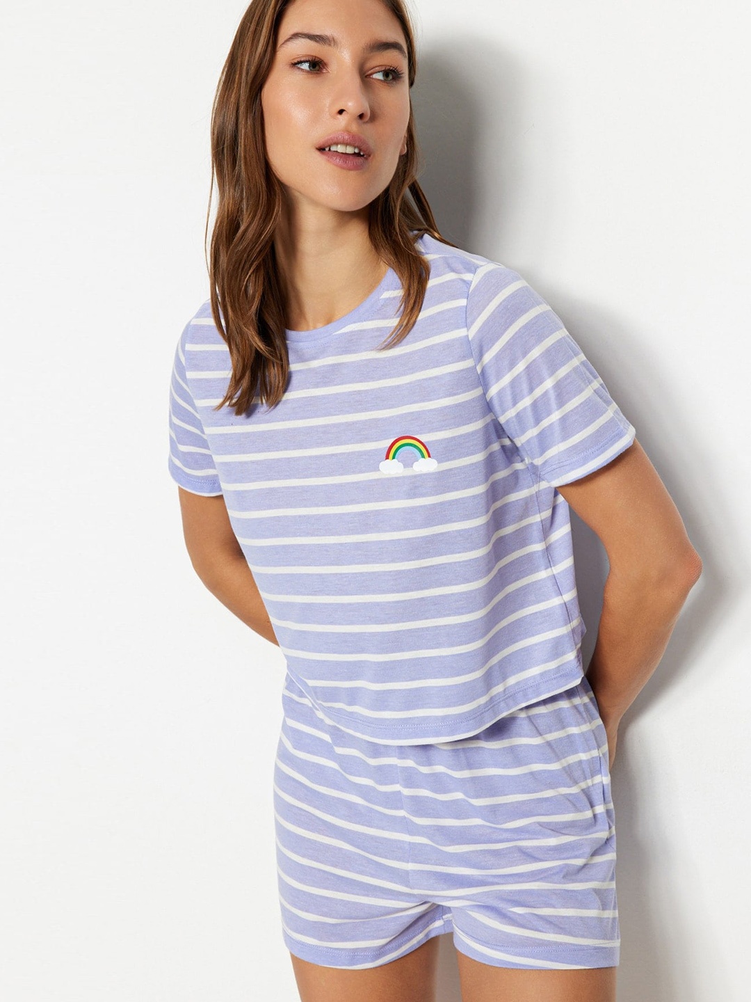 

Trendyol Women Striped Night suit, Blue